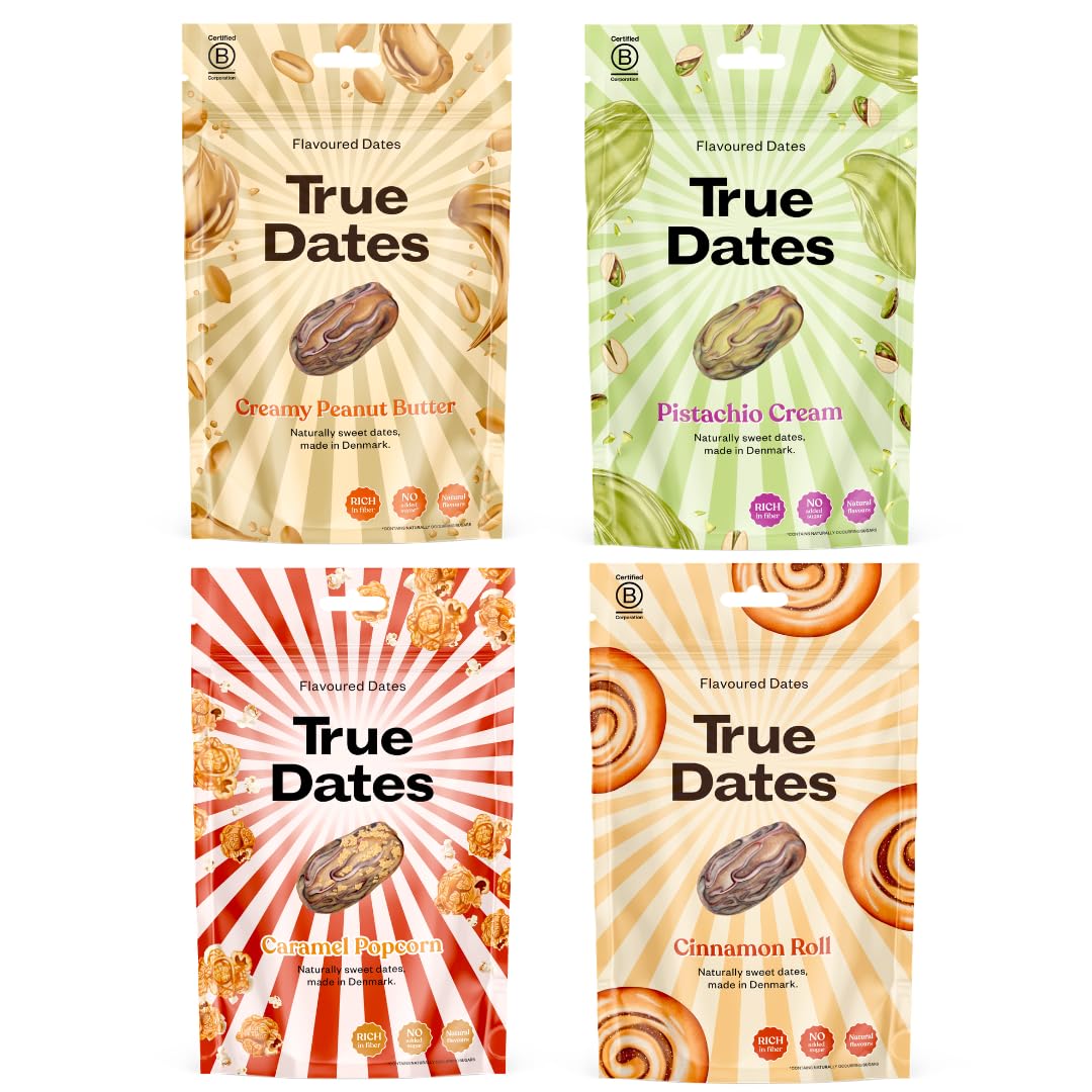 True Gum Mixed Flavours Dates - 4 x 100g Pack | No Added Sugar | Vegan-Friendly