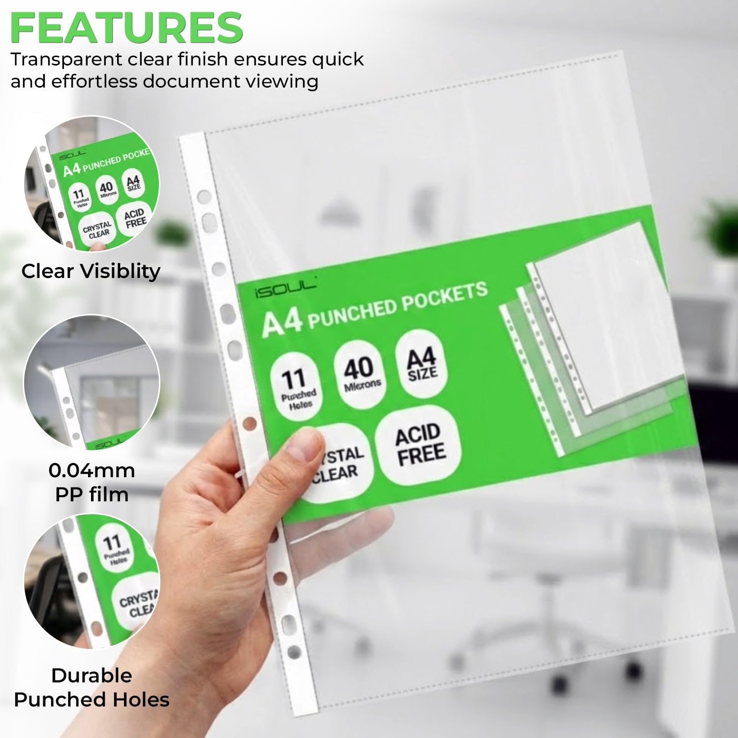 iSOUL A4 Plastic File Pockets - 100 Pack Heavy Duty 40 Micron with 11 Reinforced Holes | Crystal Clear 3