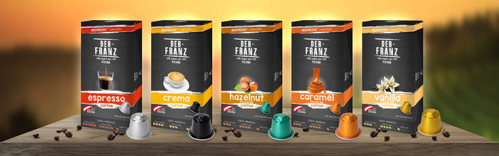 Der-Franz Hazelnut, Vanilla and Caramel Flavored Coffee Capsules, 120 Count (12x10) - Nespresso Compatible