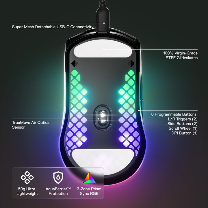 SteelSeries Aerox 3 - 59g Ultra-Lightweight Holey RGB Gaming Mouse with IP54 AquaBarrier