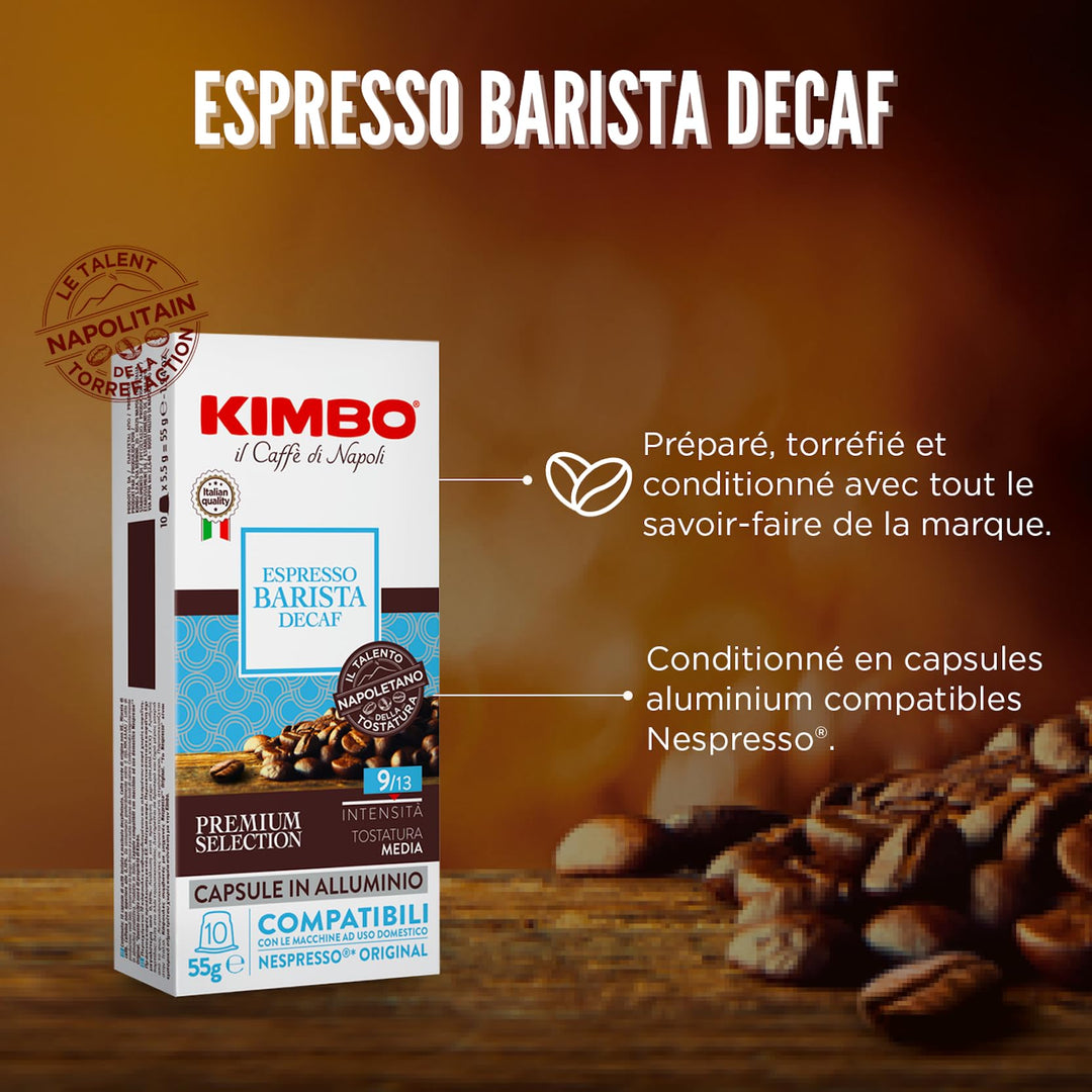 Kimbo Barista Decaf Capsules (10-Pack) | Nespresso Compatible | Italian Medium Dark Roast | Aluminium Coffee Pods
