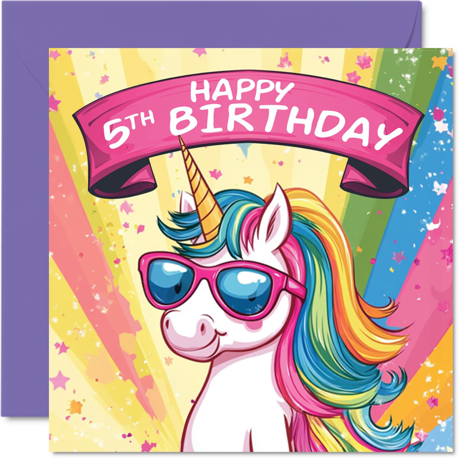 Stuff4 Girls 5th Birthday Card - Cool Unicorn Sunglasses Design | 145mm x 145mm