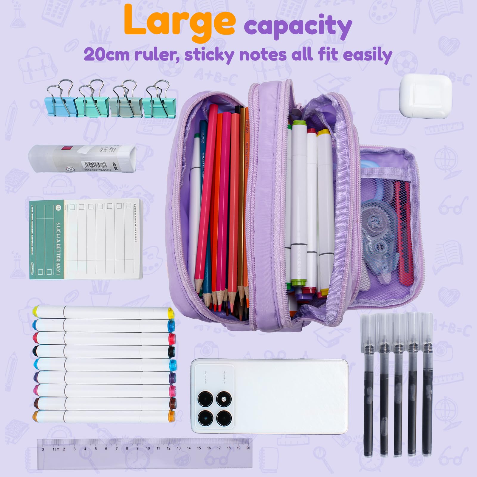 Euqvunn Large Capacity Pencil Case - 3 Compartments, Violet Polyester | 21x8x13CM 3