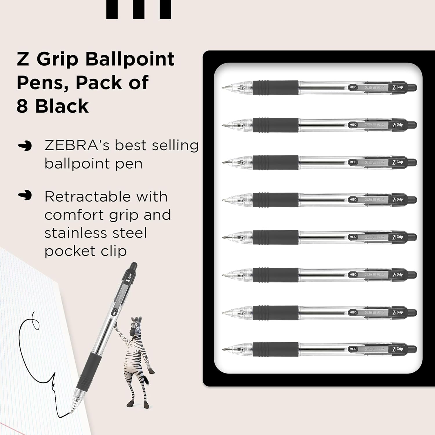 Zebra Pen Z Grip Black Ballpoint Pens with Pocket Clip 8pk, Retractable Black In 3