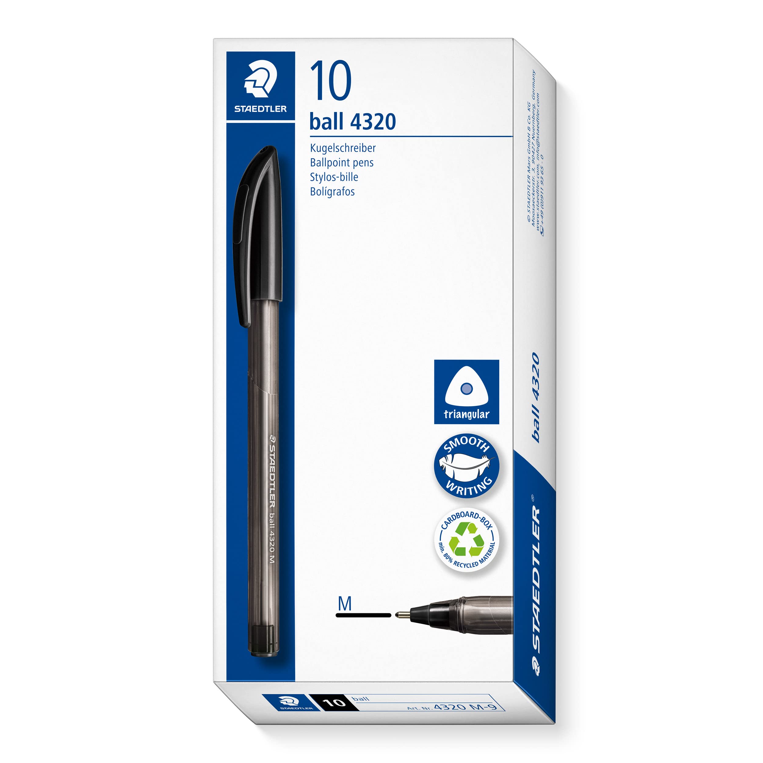 STAEDTLER 4320 M-9 Stick Ballpoint Pen - Black Ink, 1.0mm Medium Line, Pack of 10 1