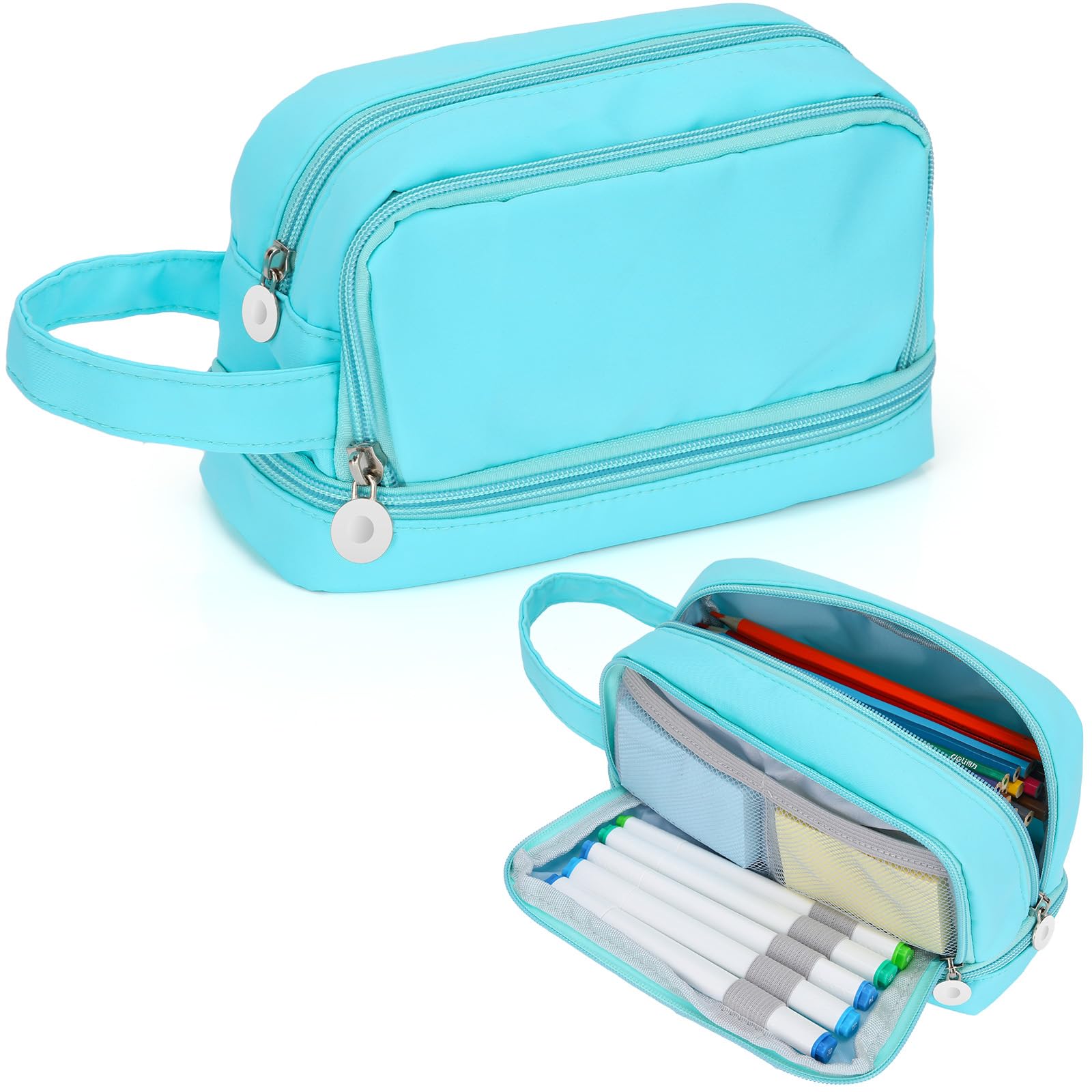 Alyvisun Large Capacity Pencil Case - 3 Compartments, Blue Canvas, Zipper Closure | Handle Strap