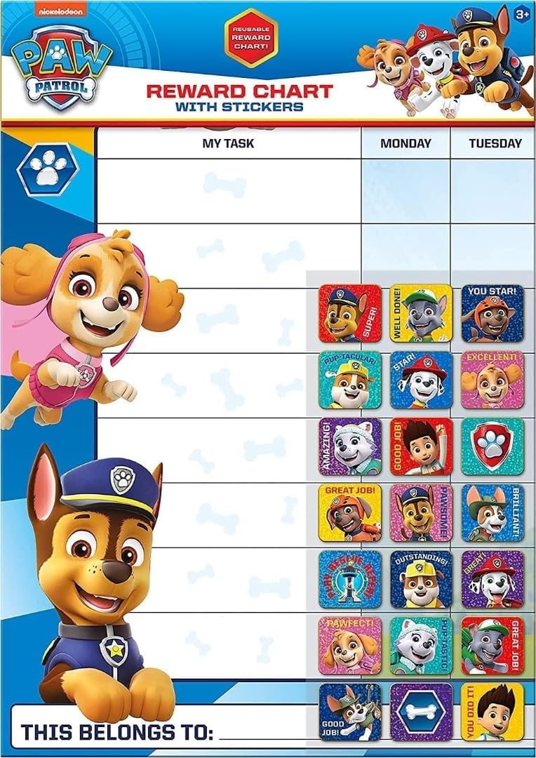 Paw Patrol Everyday Reward Chart with 56 Sparkly Reusable Stickers - Ages 3+ 1