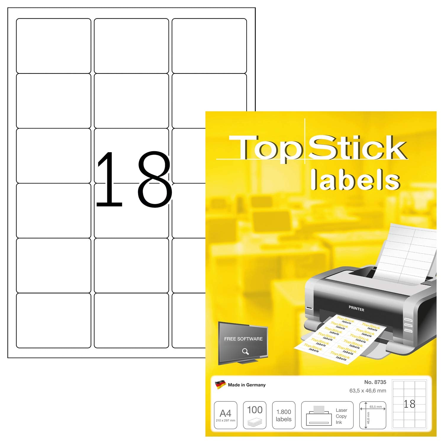 TopStick Self Adhesive Address Labels - 1800 Labels, 63.5 x 46.6 mm, White, for Laser & Inkjet Printers 1