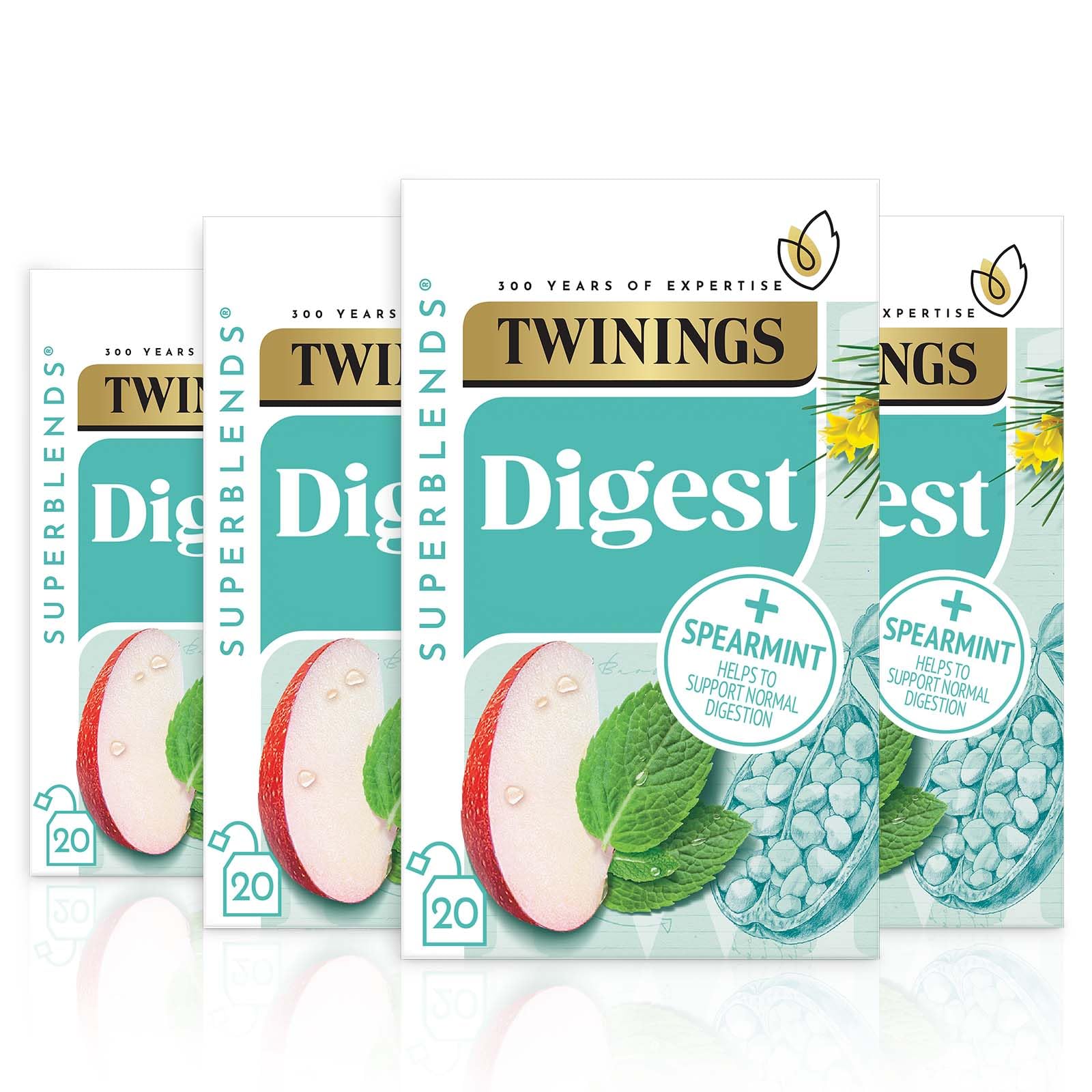 Twinings Superblends Digest Tea - Spearmint & Apple Herbal Infusion | Caffeine Free, Vegan | 4 x 20 Count Teabags