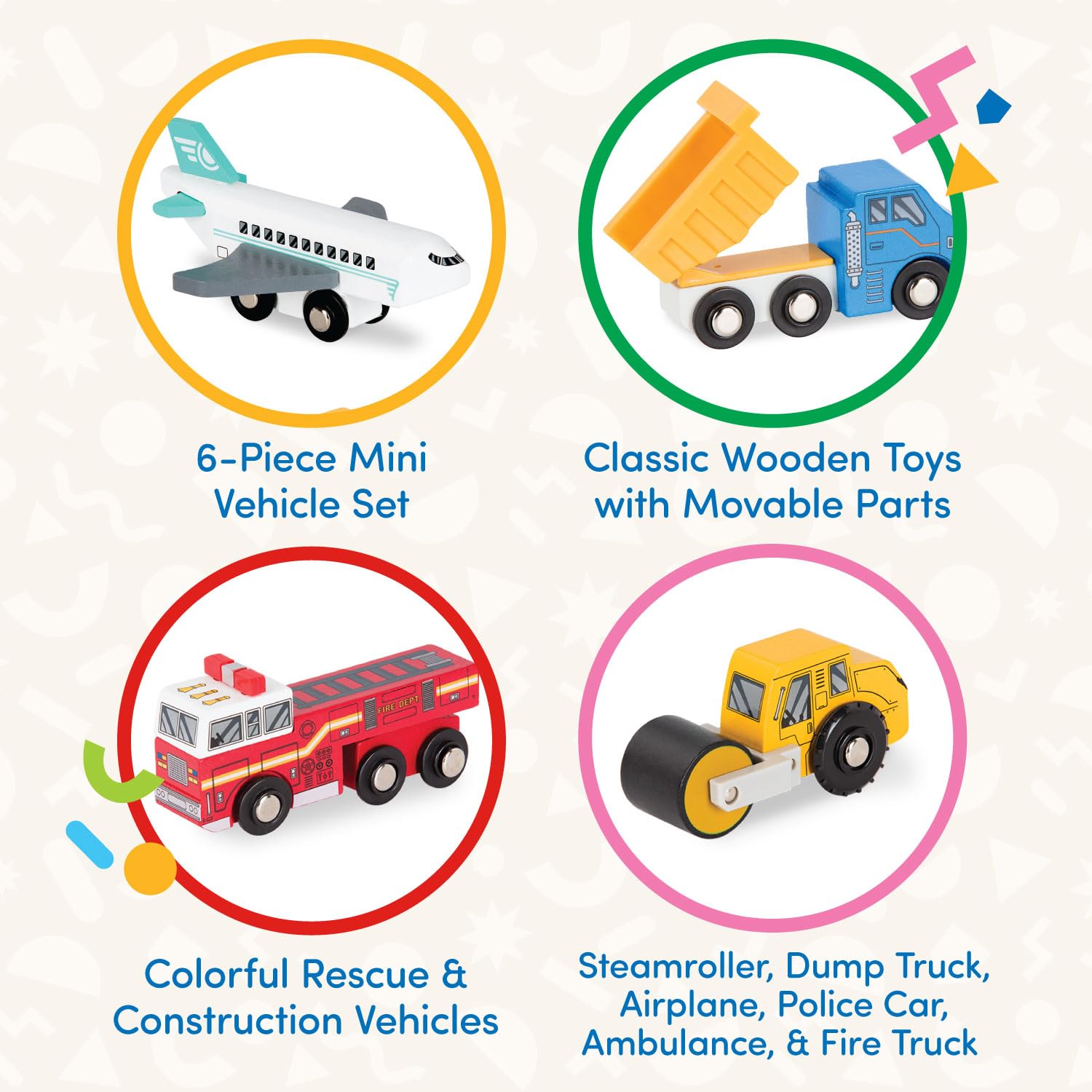 Battat Wooden Vehicles Set - 6pc Rescue & Construction Toy Cars for Kids 6