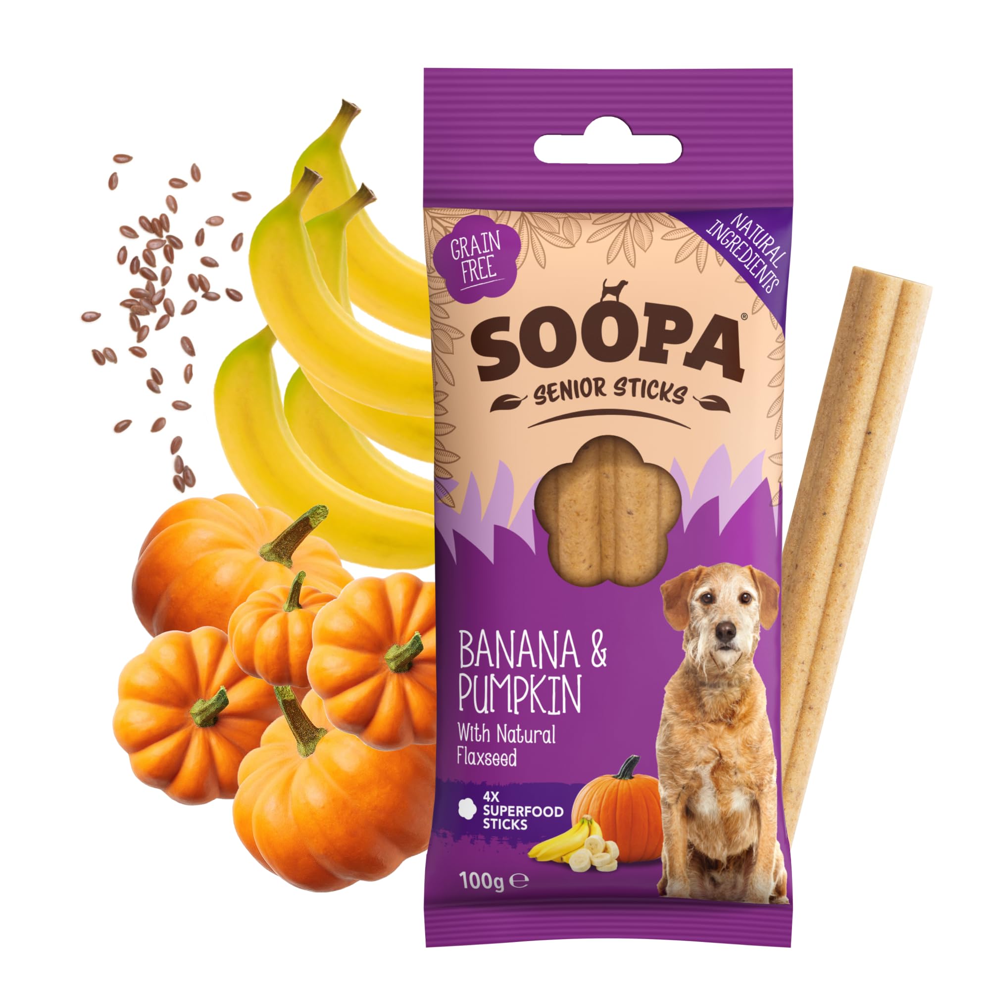 Soopa Senior Banana Pumpkin & Flaxseed Dental Sticks - 100g | Low Fat | Vegan 2