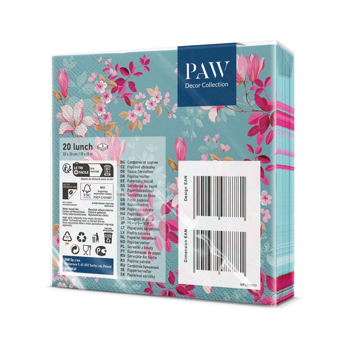 PAW Decor Collection Napkins - 3-Ply, Magnolia Pattern | 33 x 33 cm | 20 Count 2