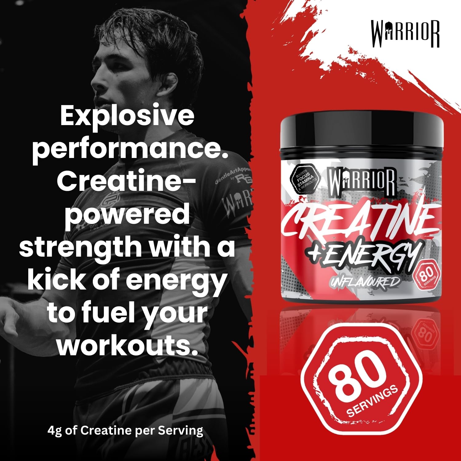 Warrior Creatine Monohydrate Powder + Energy - 360g (80 Servings) | Muscle Growth & Focus 5