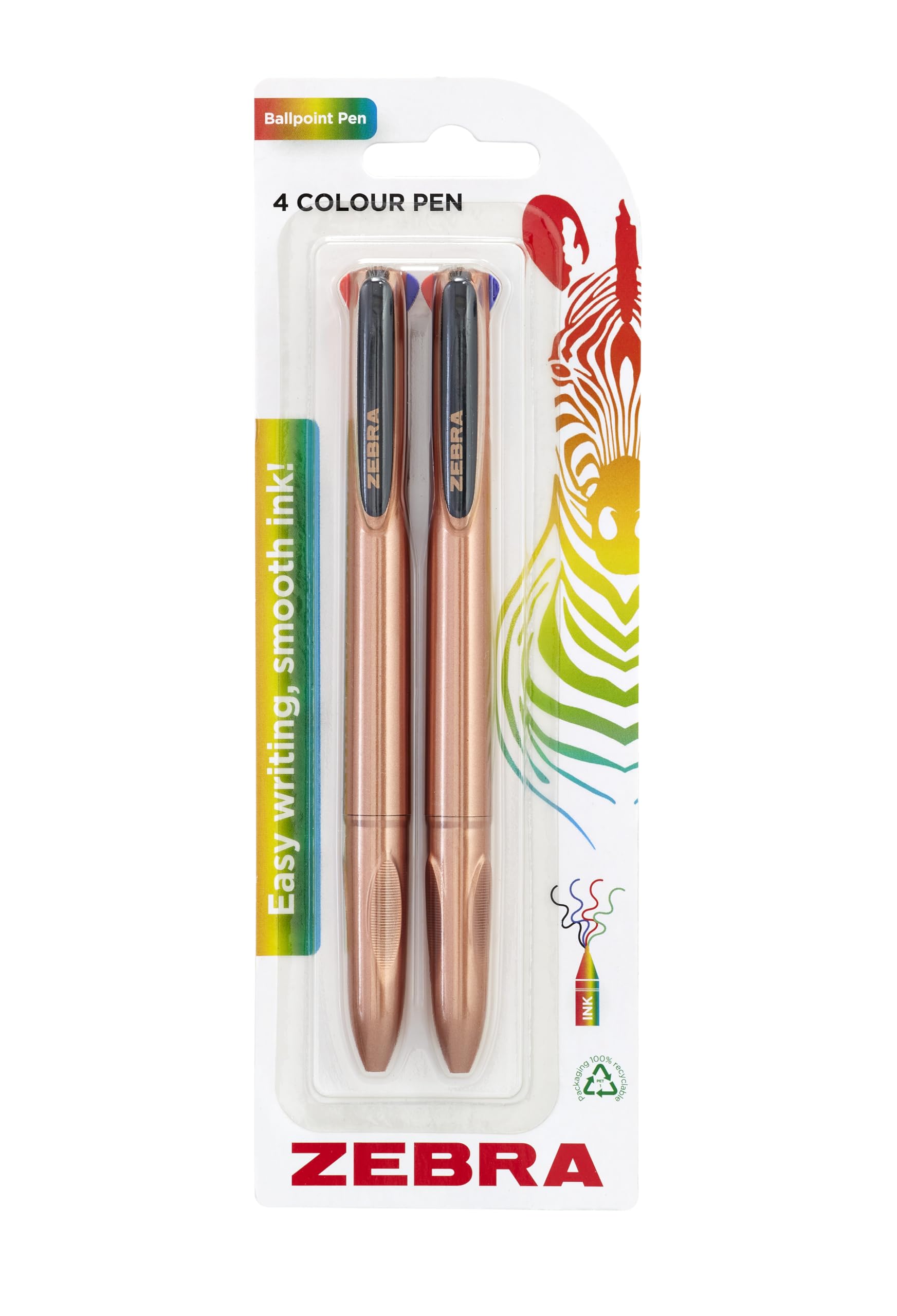 Zebra Pen Z-GRIP 4 Colour Retractable Ballpoint Pens - Rose Gold Barrel | 2 Pack