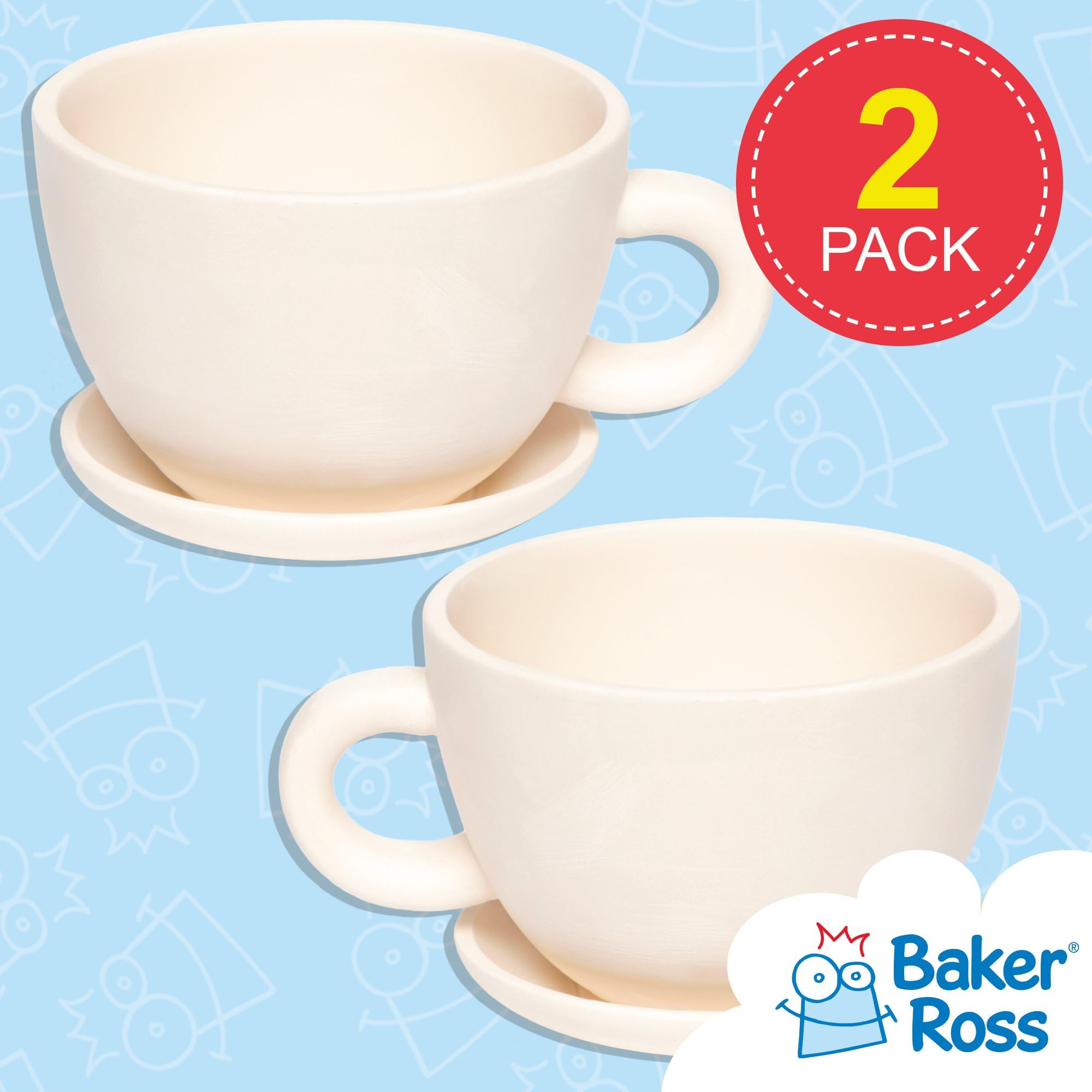 Baker Ross Paint Your Own Cup and Saucer Ceramic Plant Pots - Pack of 2 | Paintable Ceramic | Assorted Colors 2