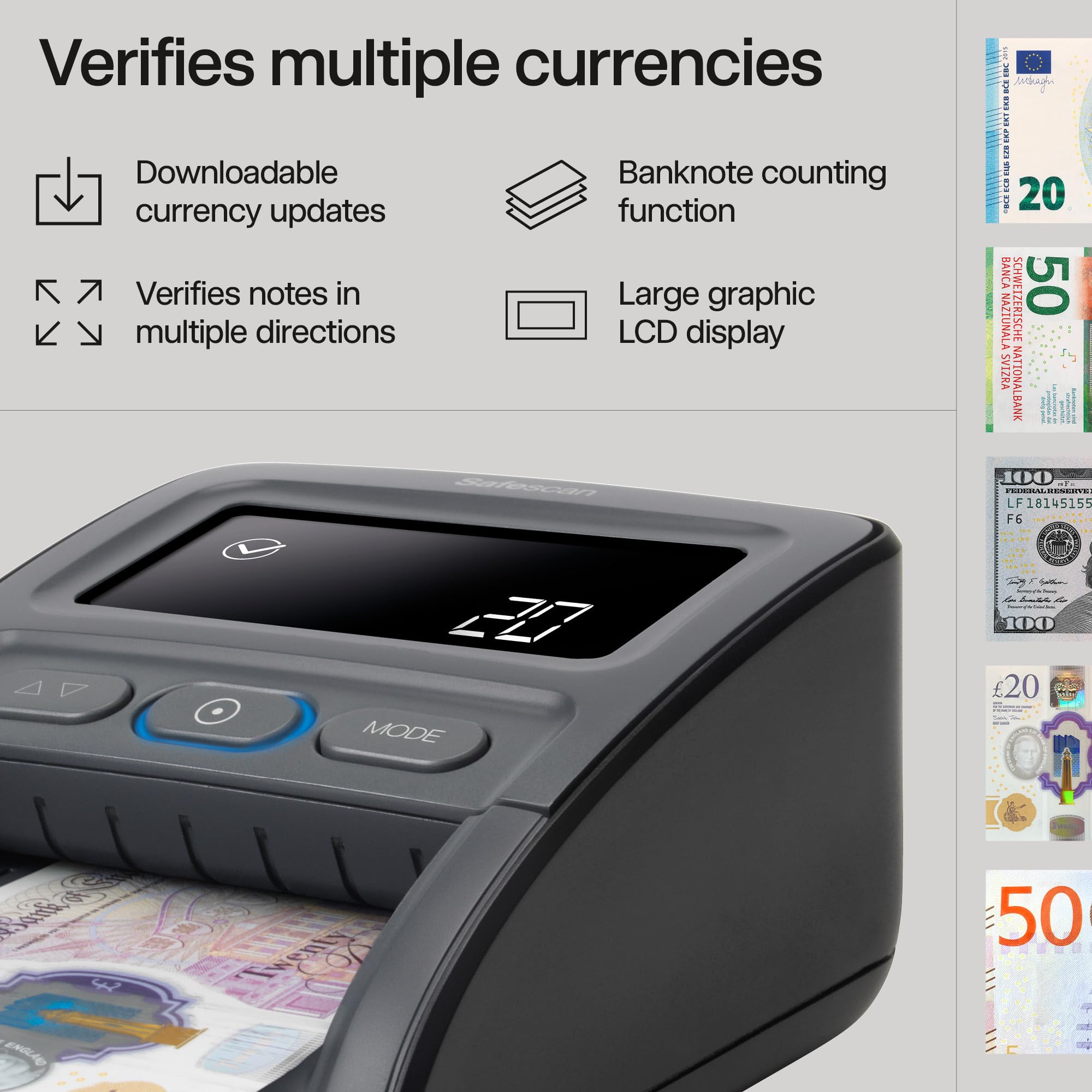 Safescan 155-S Automatic Counterfeit Money Detector | Verifies GBP, EUR, SCT, NIR | Compact POS Design