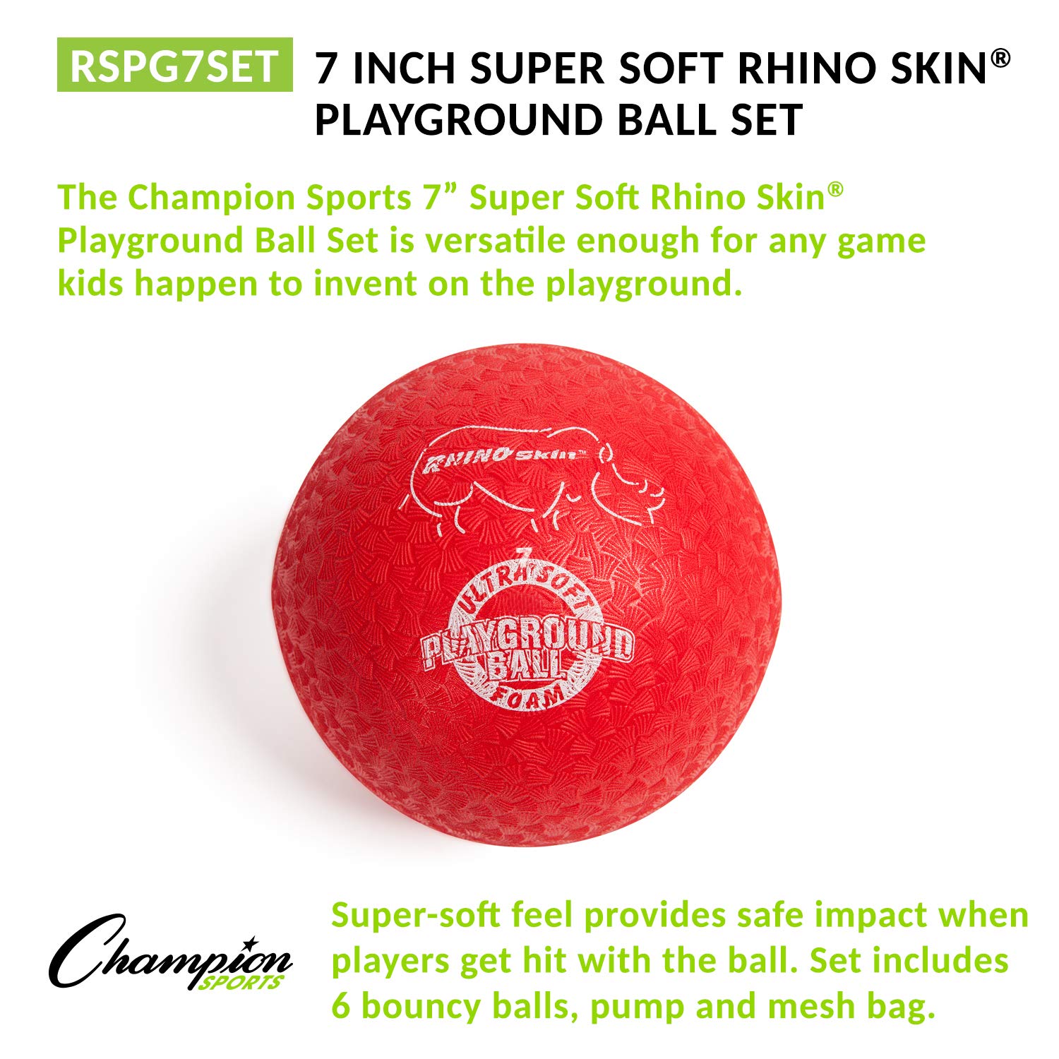 Champion Sports Rhino Skin Playground Ball Set - 7 Inch, Non-Sting Foam Core | 6 Balls Included
