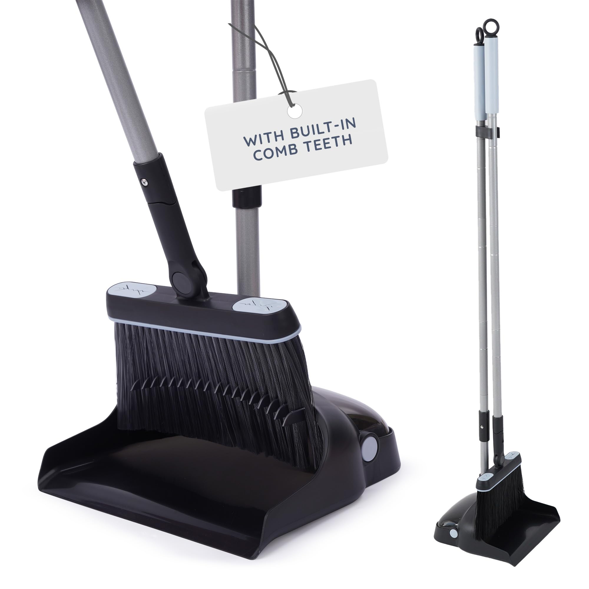 CUQOO Dustpan and Brush Set - Long Handled Upright Standing | Nylon Bristles | Black 1