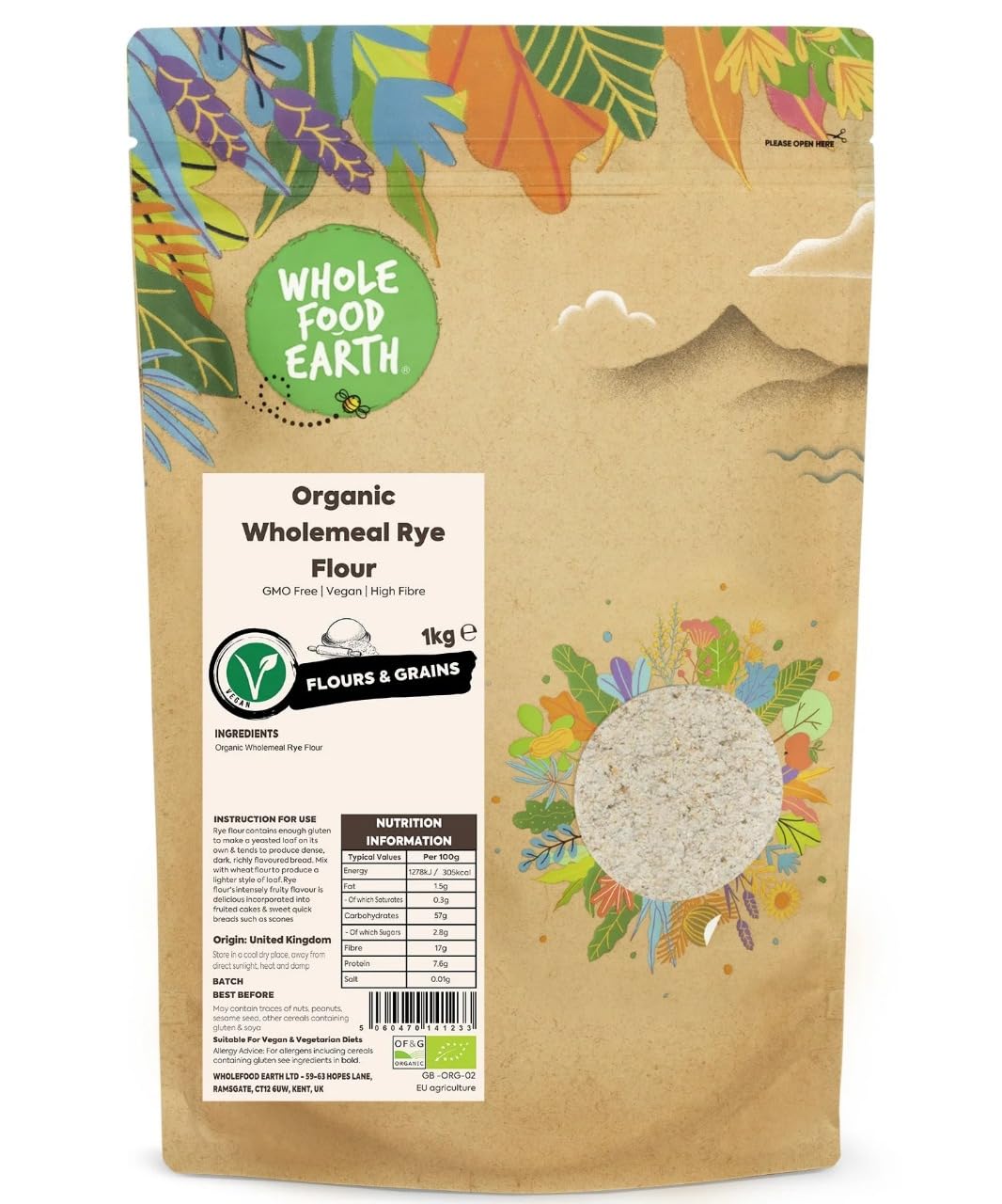 Wholefood Earth Organic Wholemeal Rye Flour 1 kg – GMO Free, Vegan, High Fibre Baking Flour 1
