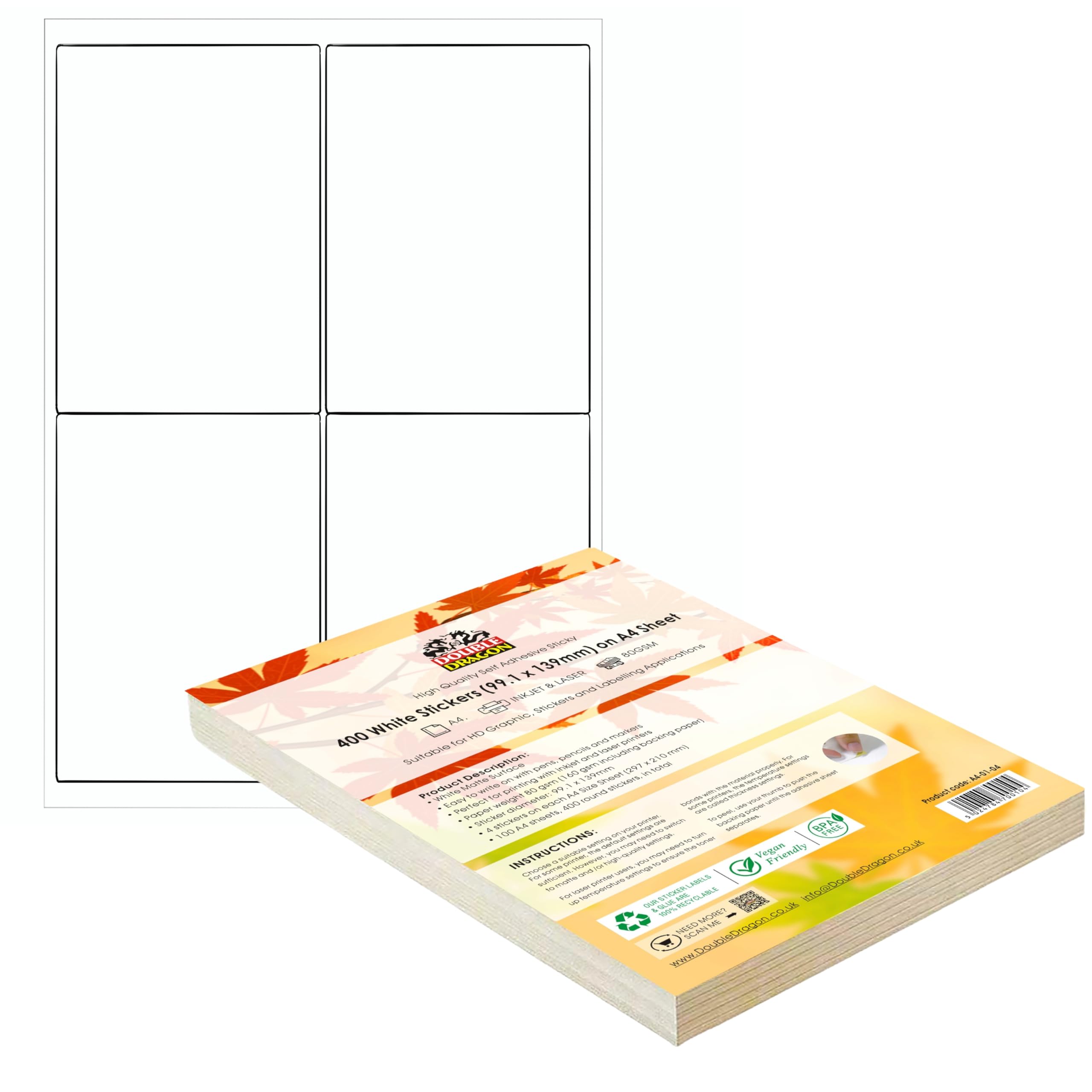 Double Dragon A4 Self-Adhesive Printer Labels - 4 Per Sheet, Matte White, 400 Labels Total 1