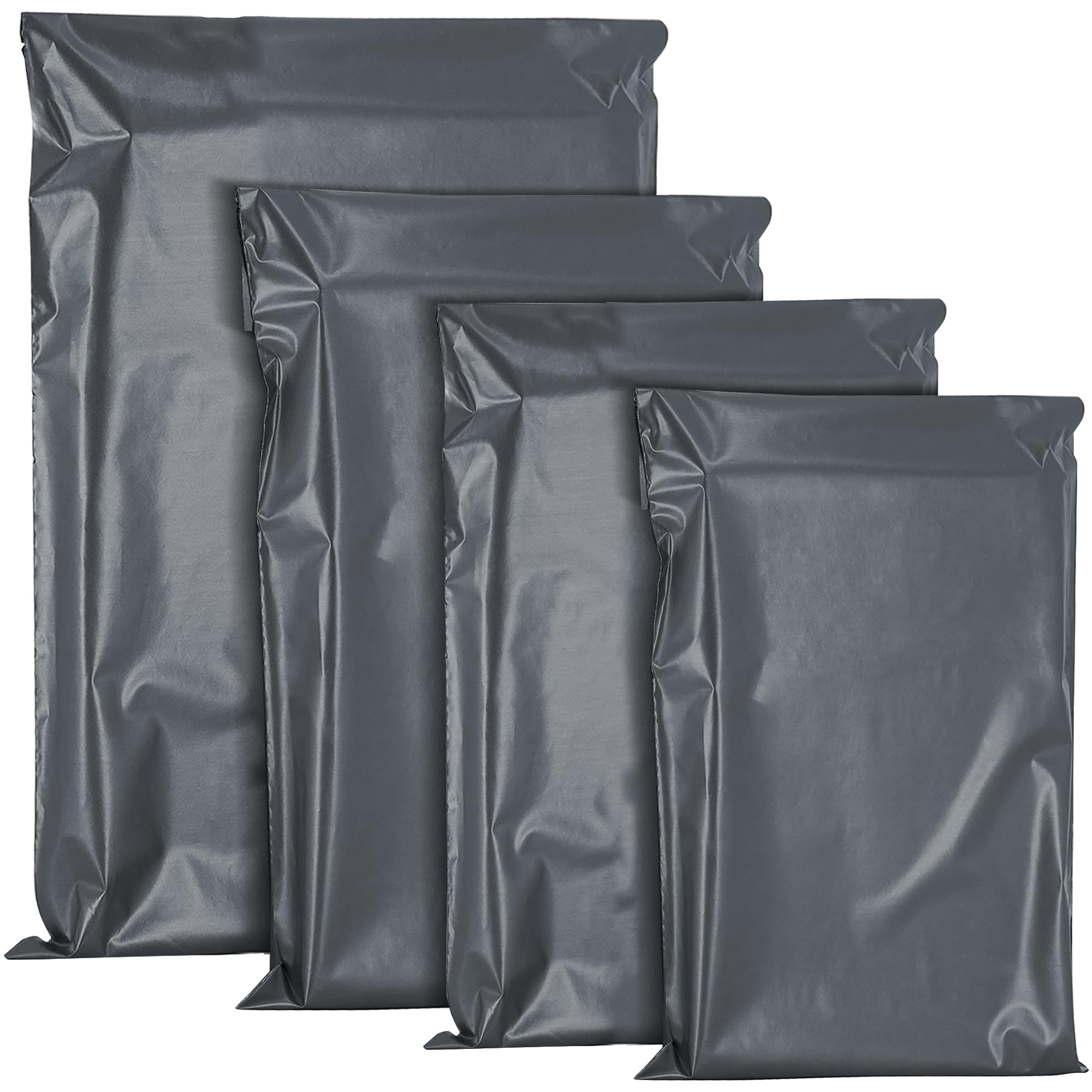 YUNJU 60 Mixed Size Grey Plastic Mail Bags - Self-Seal, Opaque, Waterproof | 4 Sizes Included