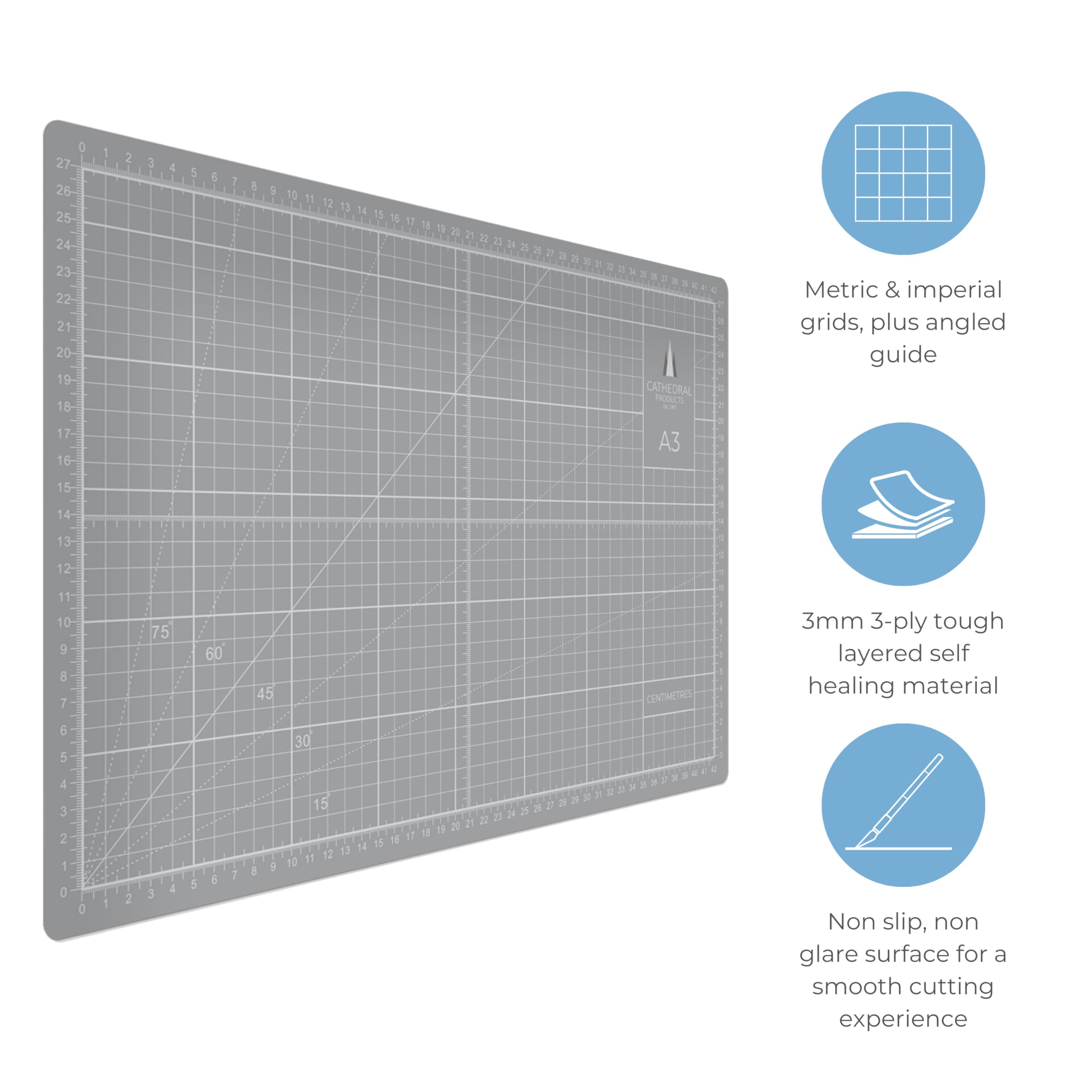 Cathedral Products A3 Double-Sided Self-Healing Cutting Mat | 3mm Thick | Grey 3