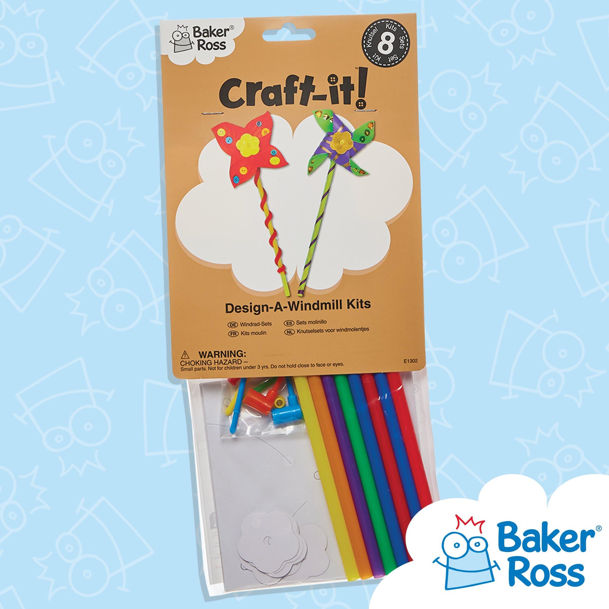 Baker Ross Windmill Craft Activity Pack - Make Your Own Pinwheel Kit for Kids to Decorate | Pack of 8 | Ages 3+ 6