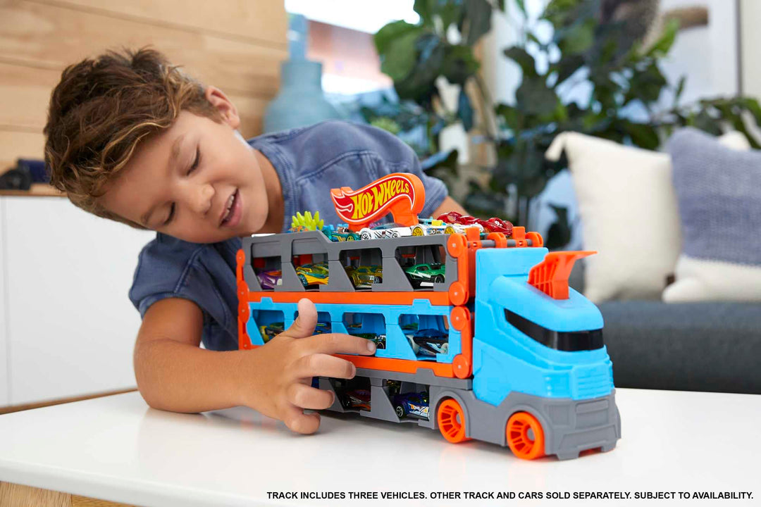 Hot Wheels Speedway Hauler - 3-in-1 Storage Carrier with 6-Foot Drag Race Track & 3 Cars for Kids 4-8 Years