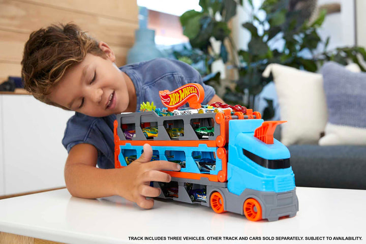 Hot Wheels Speedway Hauler - 3-in-1 Storage Carrier with 6-Foot Drag Race Track & 3 Cars for Kids 4-8 Years