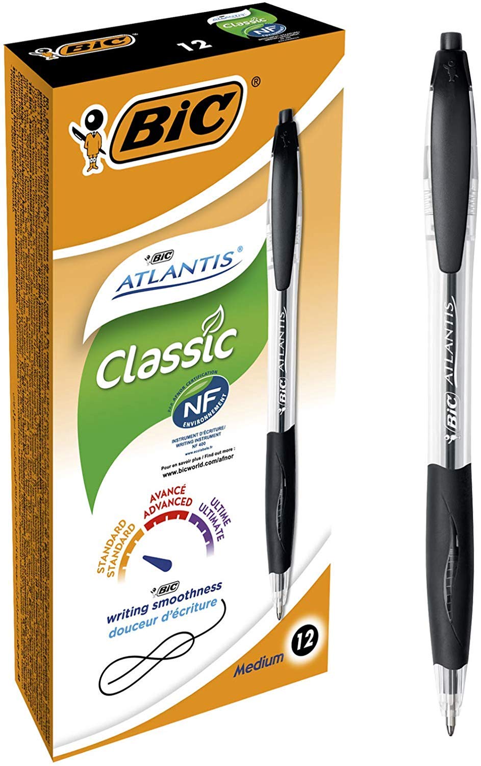 BIC Atlantis Clic Retractable Ballpoint Pens - Black Ink, 1.0mm Medium Point, Cushioned Grip - Box of 12 1