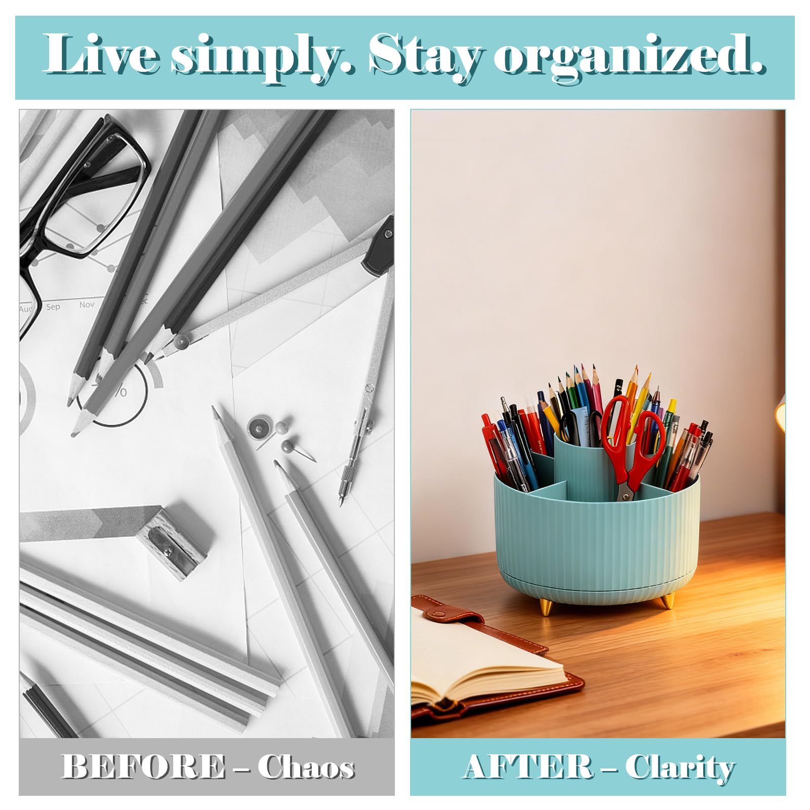 Lychico Desk Organiser - 360° Rotating Pencil Cup with 5 Compartments | Blue Plastic 6