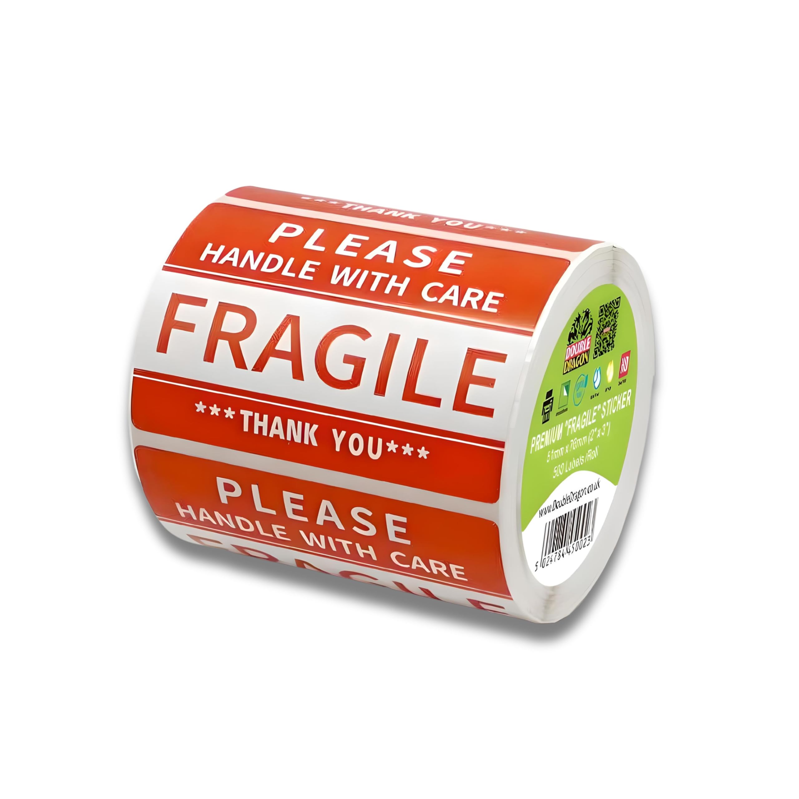 Double Dragon Fragile Handle With Care All-Purpose Labels - 500 Pack, 2x3 Inch Red & White