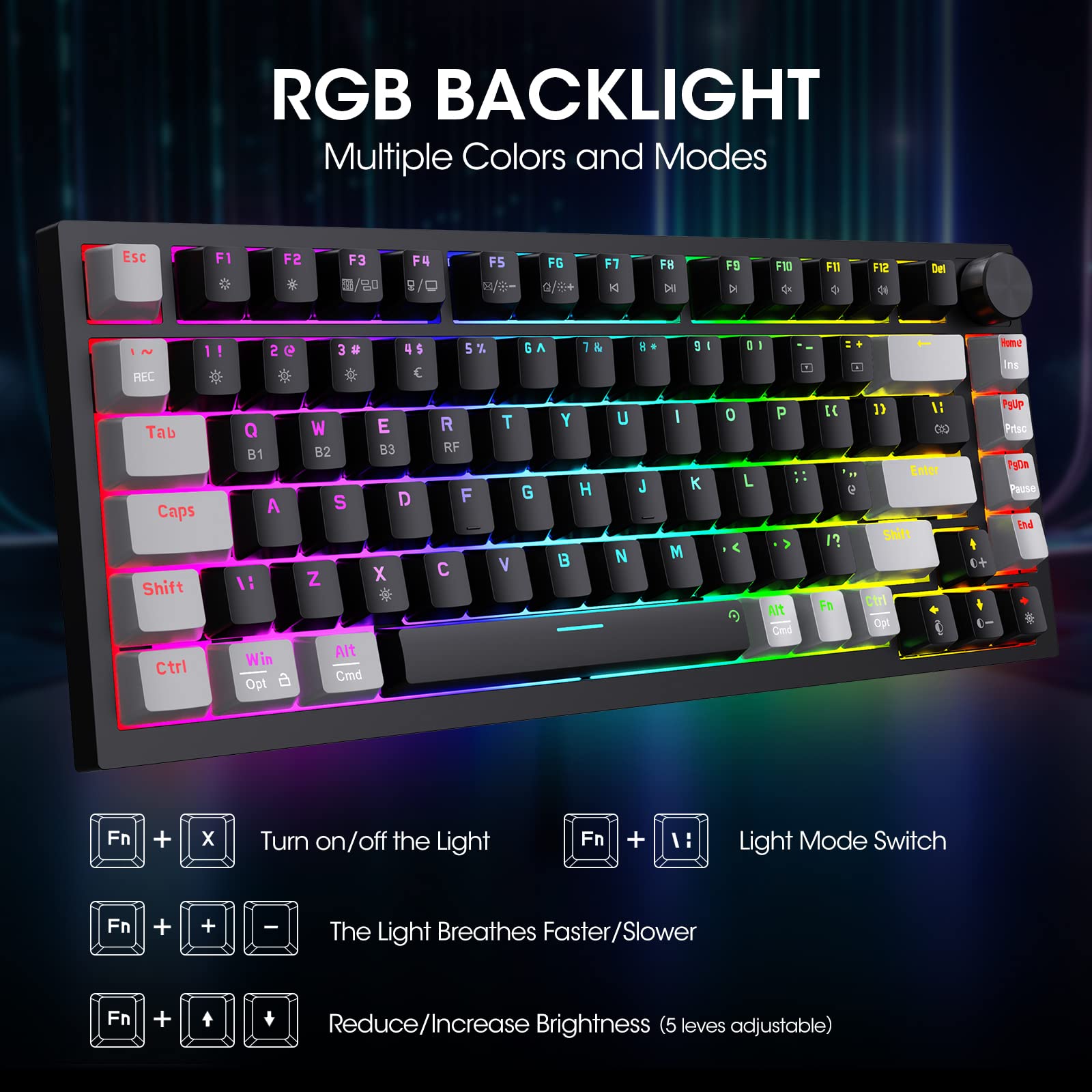 KOORUI MK082 82-Key Mechanical Gaming Keyboard - Wireless/Wired RGB Backlit with Brown Switch 4