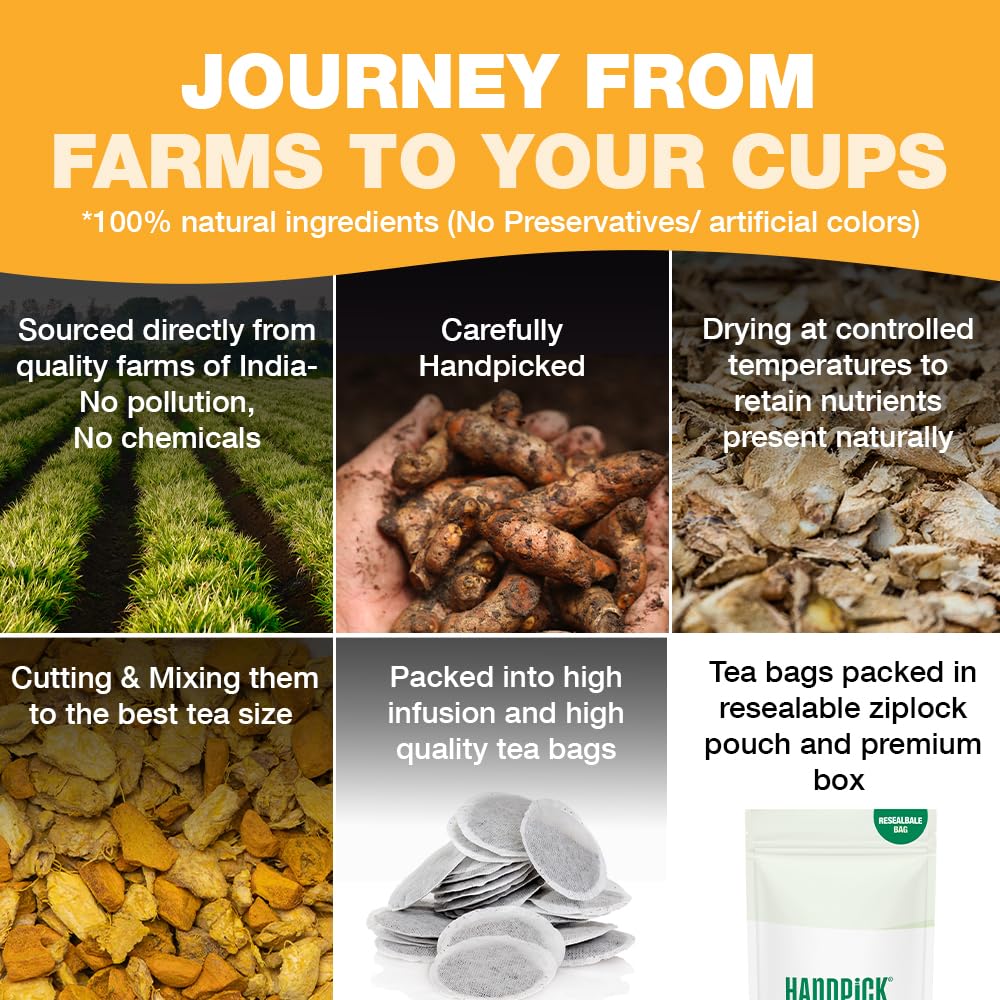 HANDPICK - Turmeric Ginger Tea Bags (100 Herbal Tea Bags) Caffeine Free, Non-GMO, Eco-Conscious Packaging