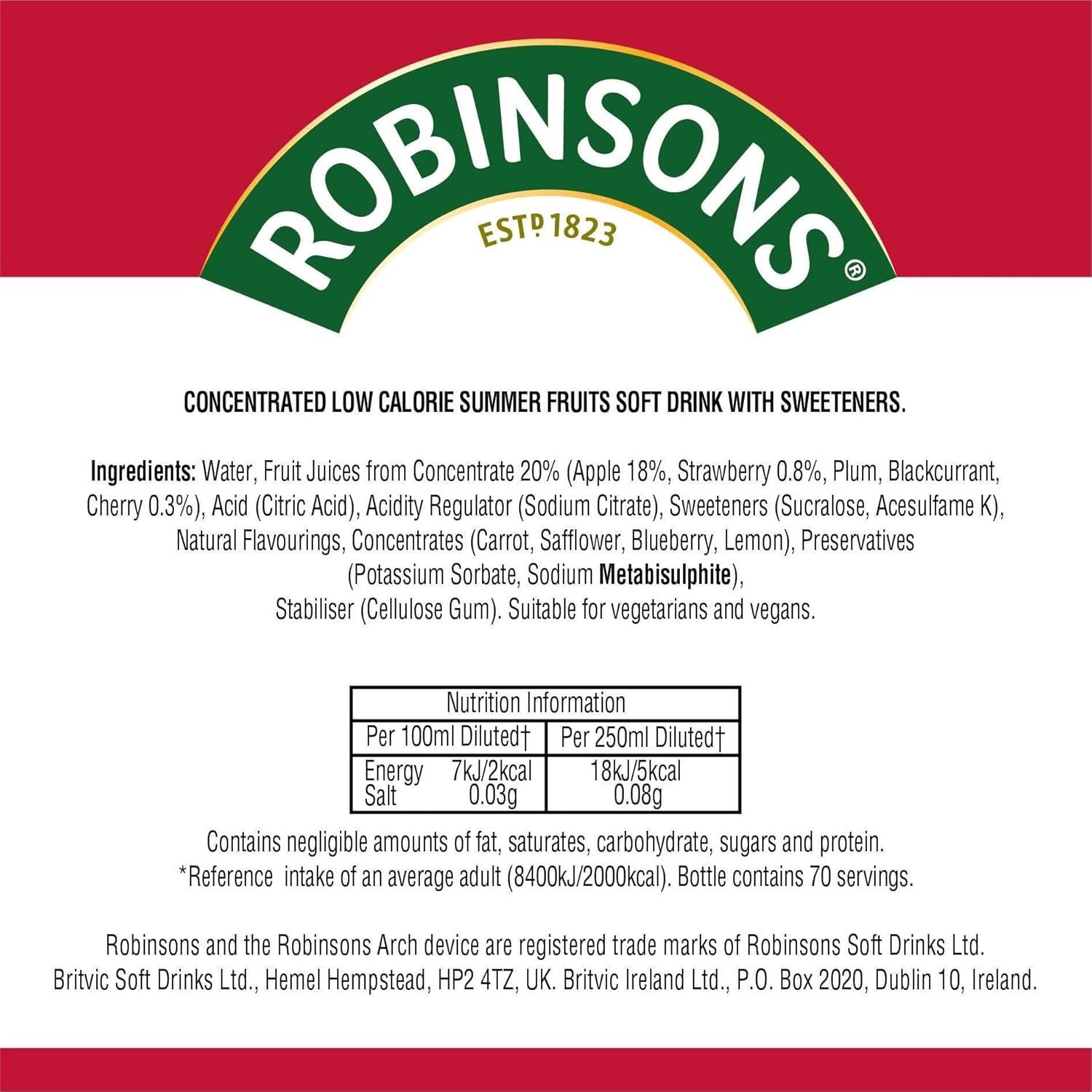 Robinsons Summer Fruits No Added Sugar Squash 1.75L 5