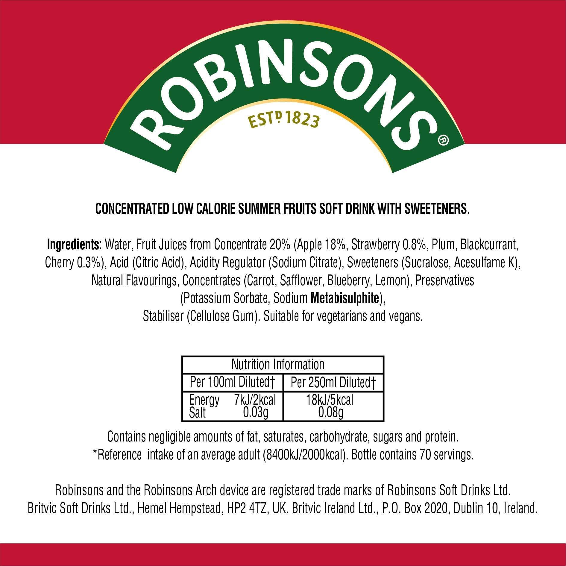 Robinsons Summer Fruits Squash - Low Calorie Double Strength Concentrate | 750ml 6