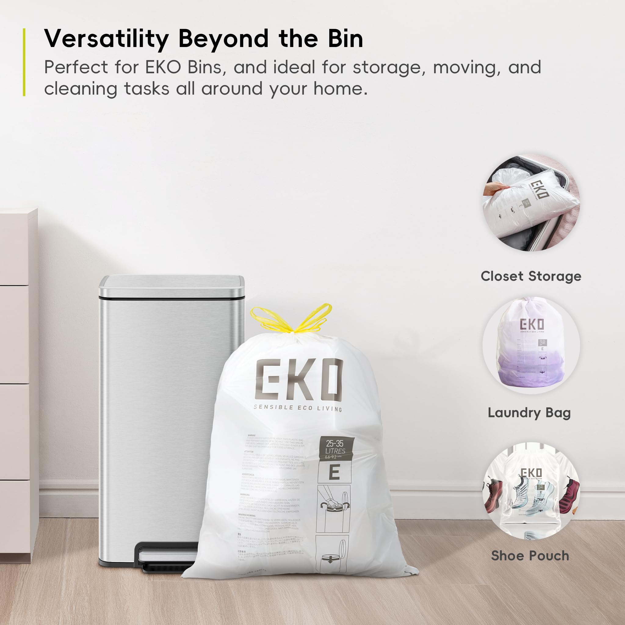 EKO Extra Strong Drawstring Bin Liners for 25-35L Kitchen Bins - 12 Bags, White 5