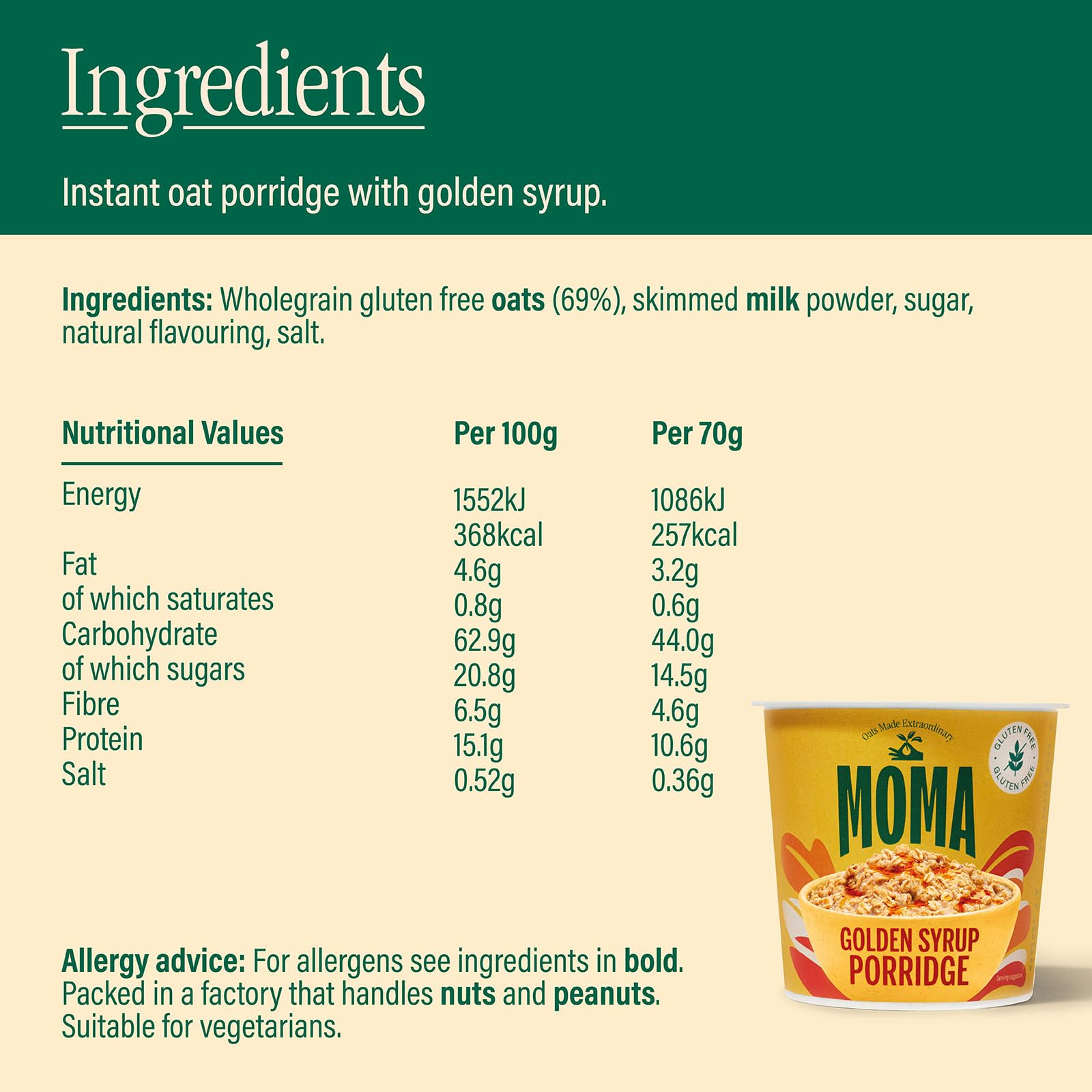 MOMA Instant Porridge Pots Golden Syrup - 12 x 70g - Gluten Free, High Fibre, Source of Protein 6