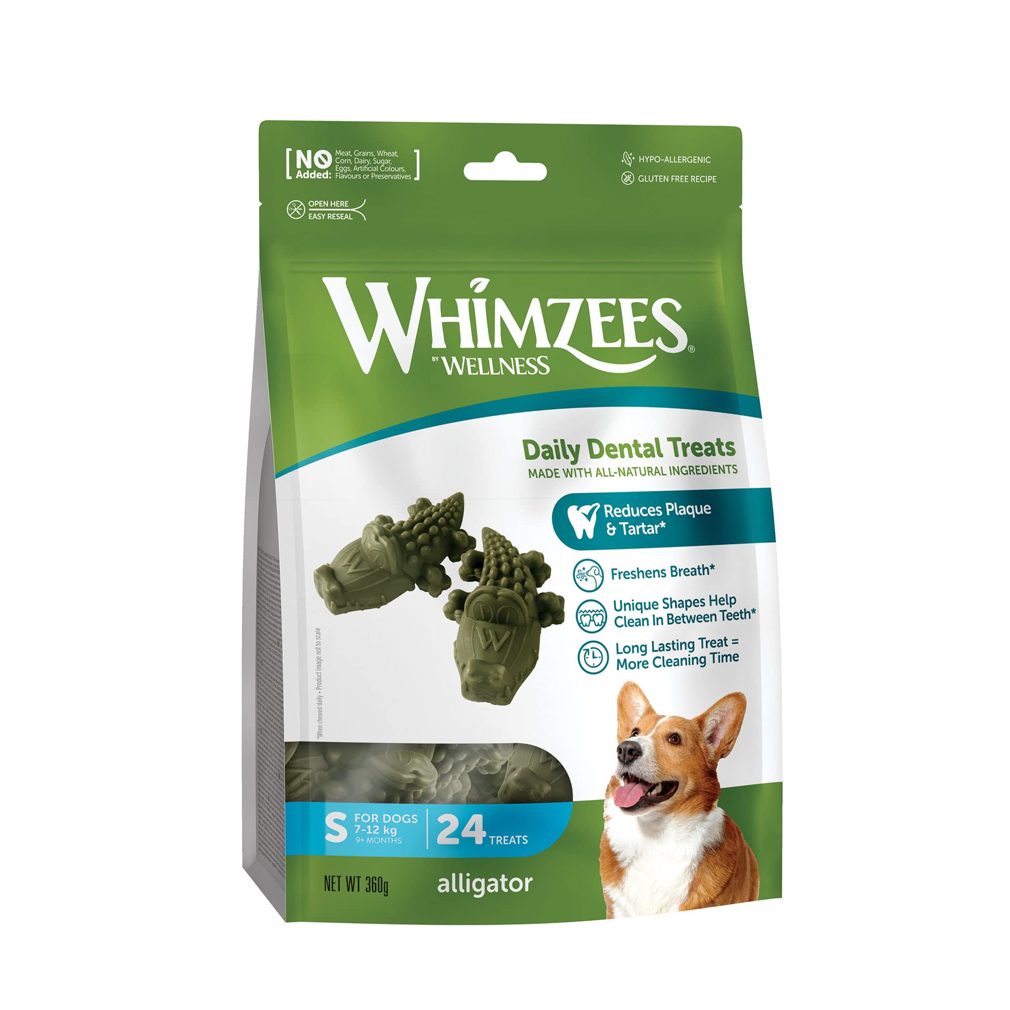 WHIMZEES Alligator Dental Sticks for Small Dogs (7-12kg) - 24 Count | Reduces Plaque by 80% | Vegetarian