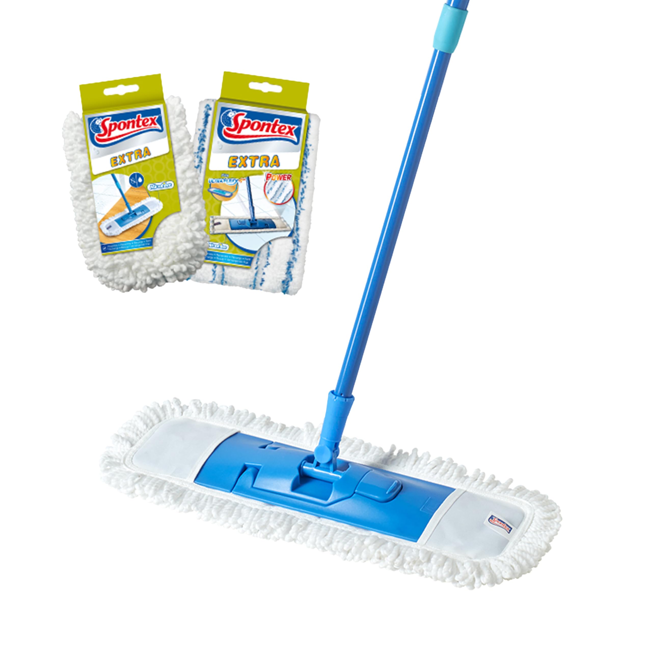 Spontex Extraflacher Mopp mit 2 Mikrofaserköpfen | Nass- und Trockenanwendung | 360° drehbarer Kopf | Verstellbarer Griff