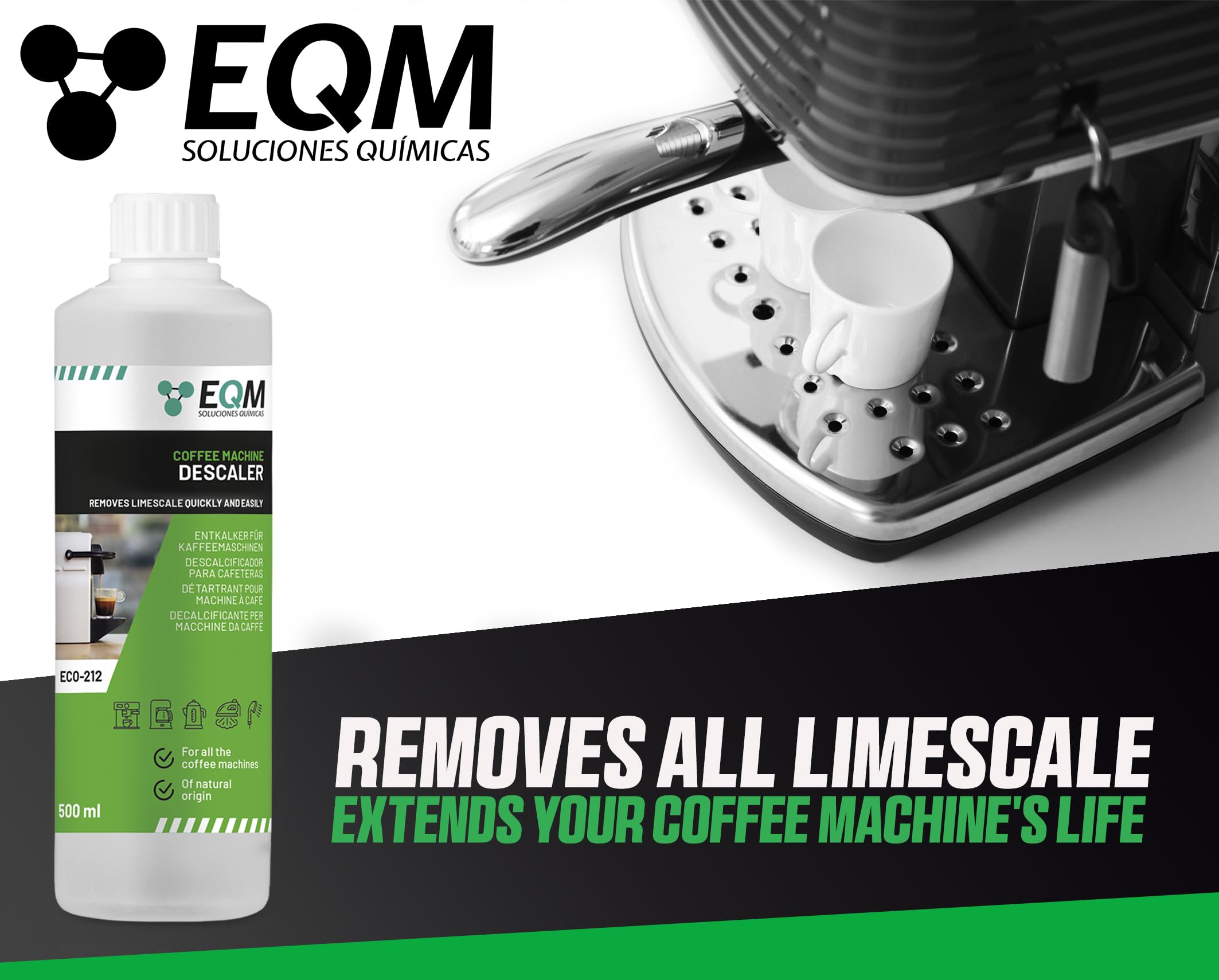EQM SOLUCIONES QUIMICAS ECO-212 Coffee Machine Descaler - 500 ml | 100% Natural Origin | Citric Acid 3