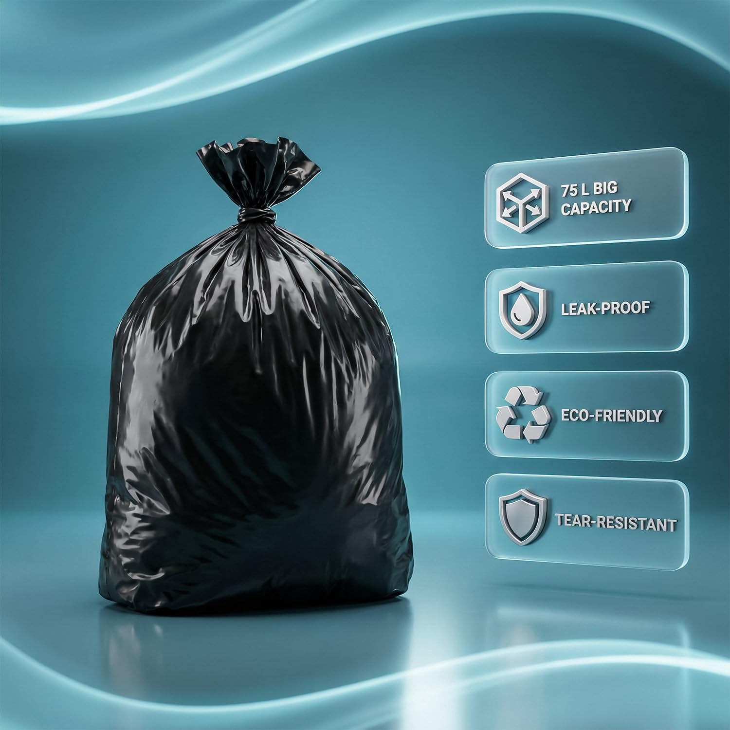 Roe Tenpo Black Bin Bags - 20 Pack, 75L Capacity, 30 Micron Strength | Recyclable 4