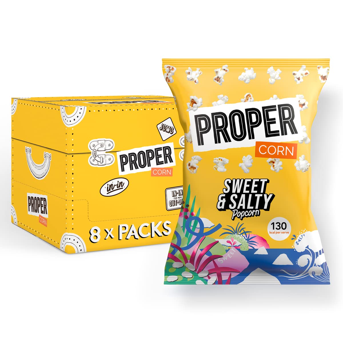 PROPER Sweet & Salty Popcorn, 90g x 8, Sharing Bags, Natural Sea Salt and Demerara Sugar