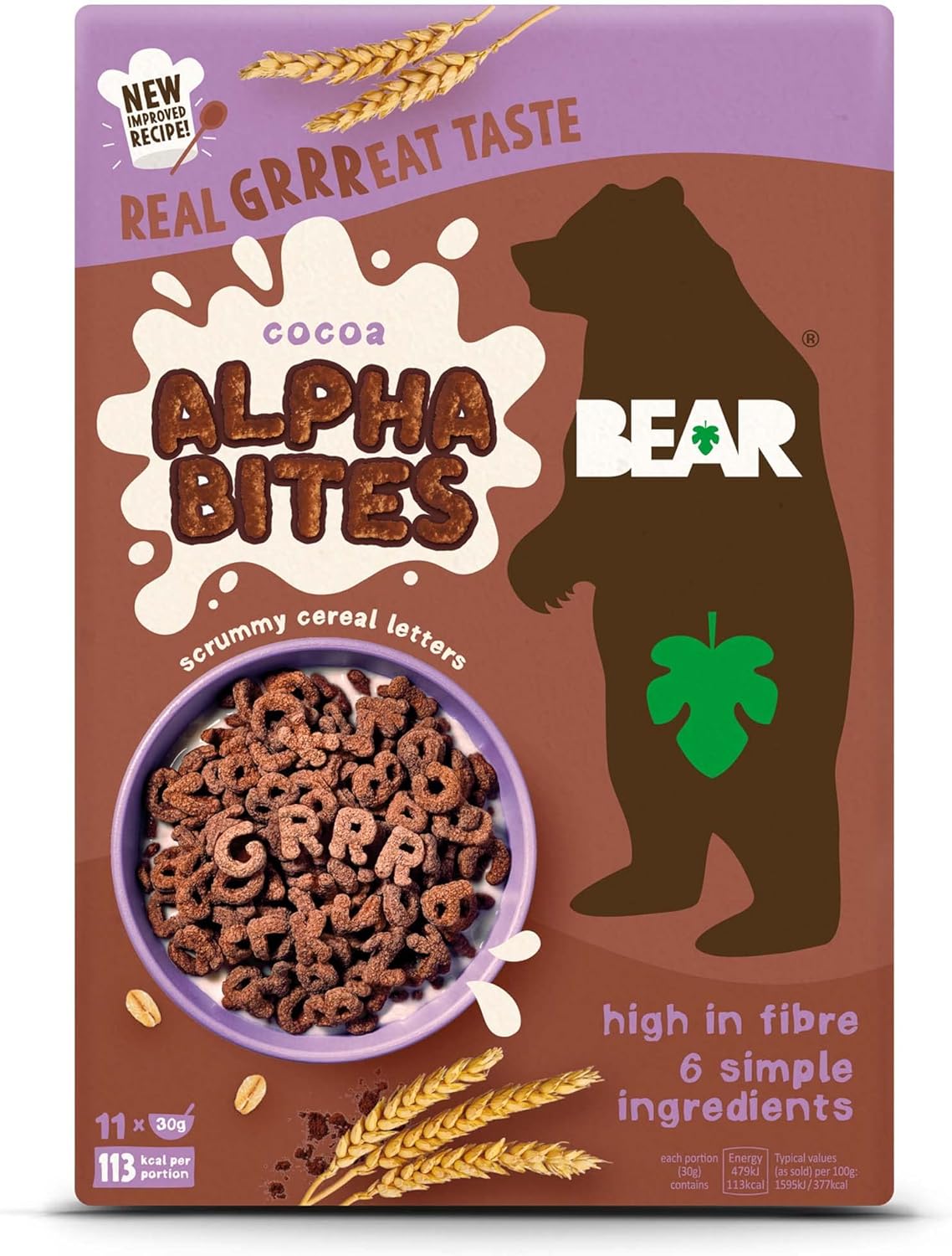 BEAR Alphabites Cocoa Cereal for Kids - High Fibre - No Added Salt - 375g Pack of 2 1