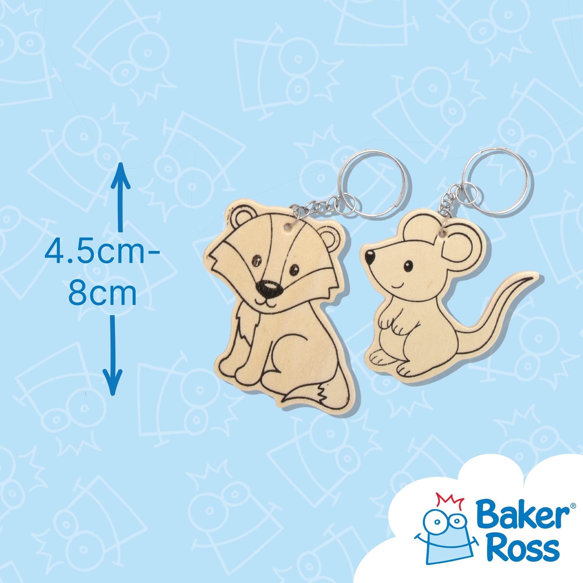 Baker Ross Woodland Animal Wooden Keyrings - Pack of 10 | Colour-In Craft Kit | 4.5cm-8cm 3