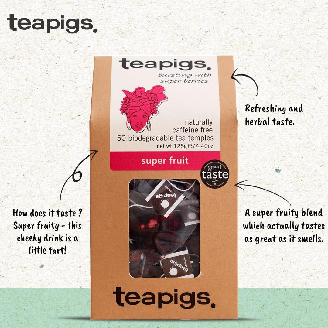 teapigs Super Fruit Tea - Caffeine-Free Herbal Tea Bags with Hibiscus & Berries - 50 Bags