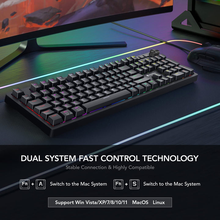 KOORUI MK104-BROWN Mechanical Gaming Keyboard – 104 Keys, 26 RGB Backlighting Effects, Pluggable Brown Switches, Anti-Ghosting, Wired for PC & Mac