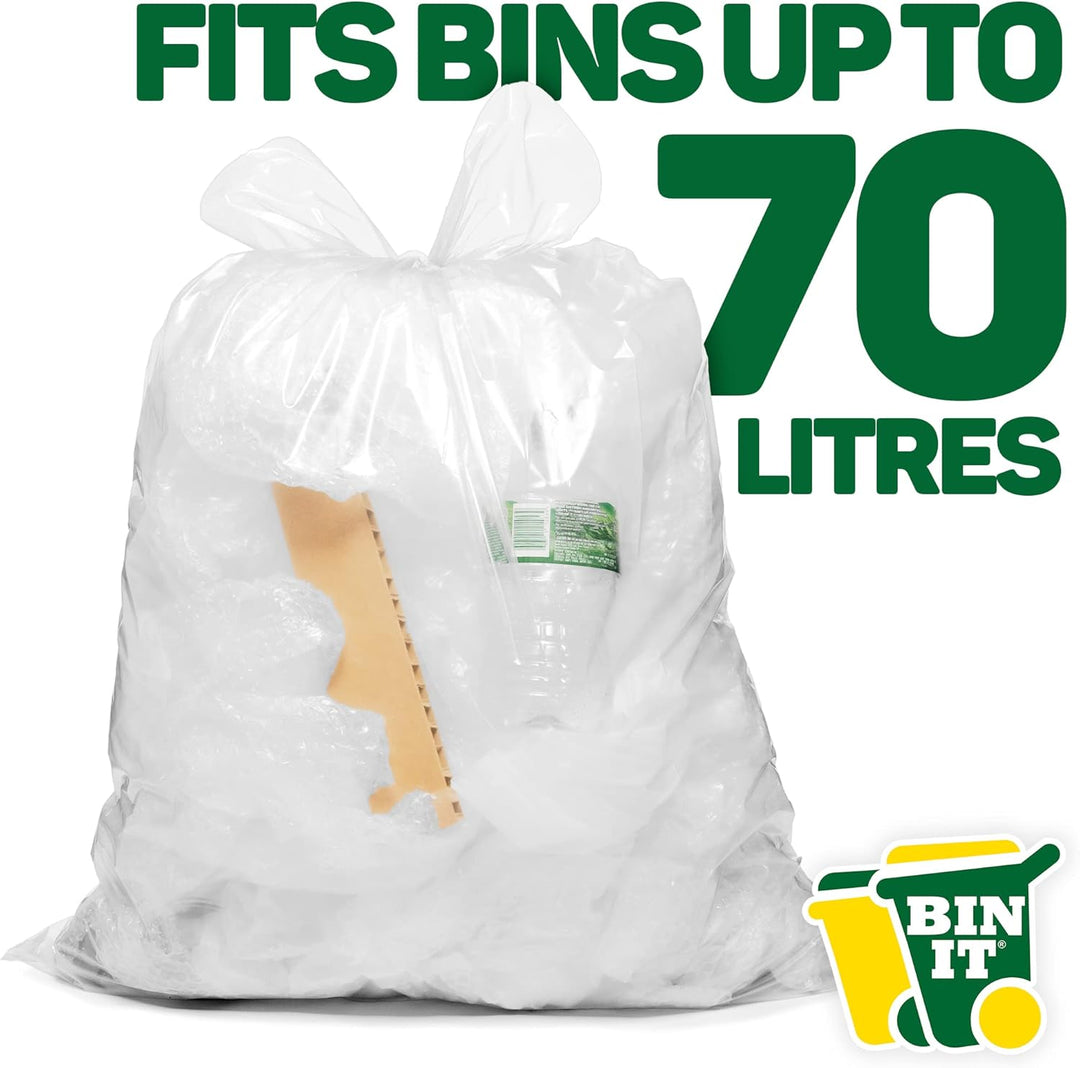 BIN IT Clear Large 70L Strong & Secure Tie Top Recycling Sacks - 100% Recycled LDPE