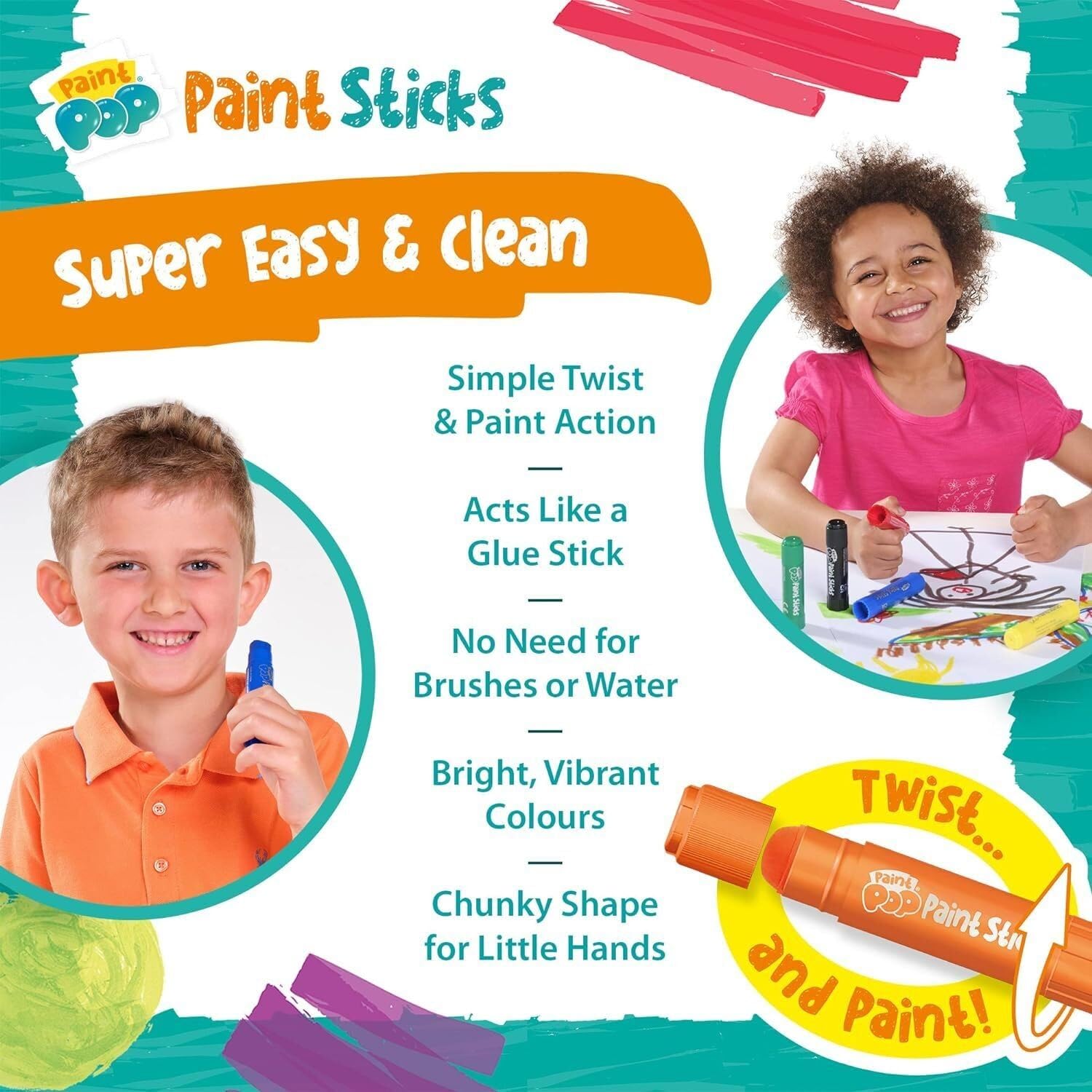 Paint Pop Paint Sticks for Kids - 6 Pack Classic Assorted Colours | Twist & Paint | Fast Drying 4