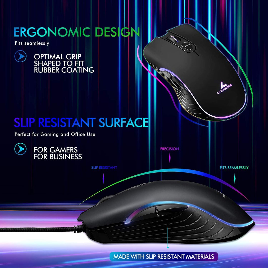 Lycander Gaming Mouse LMC380 - Wired Optical USB with 6400 DPI, 7 Buttons, RGB LED, 1.5M Cable